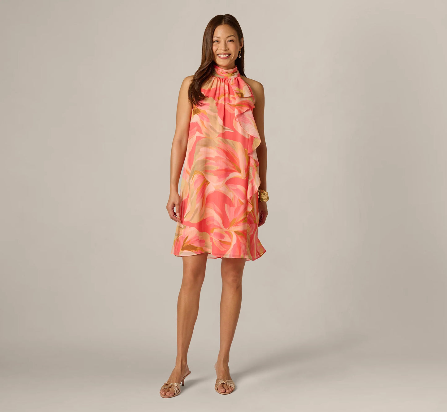 Draped Petal Floral Short Trapeze Dress In Coral Multi