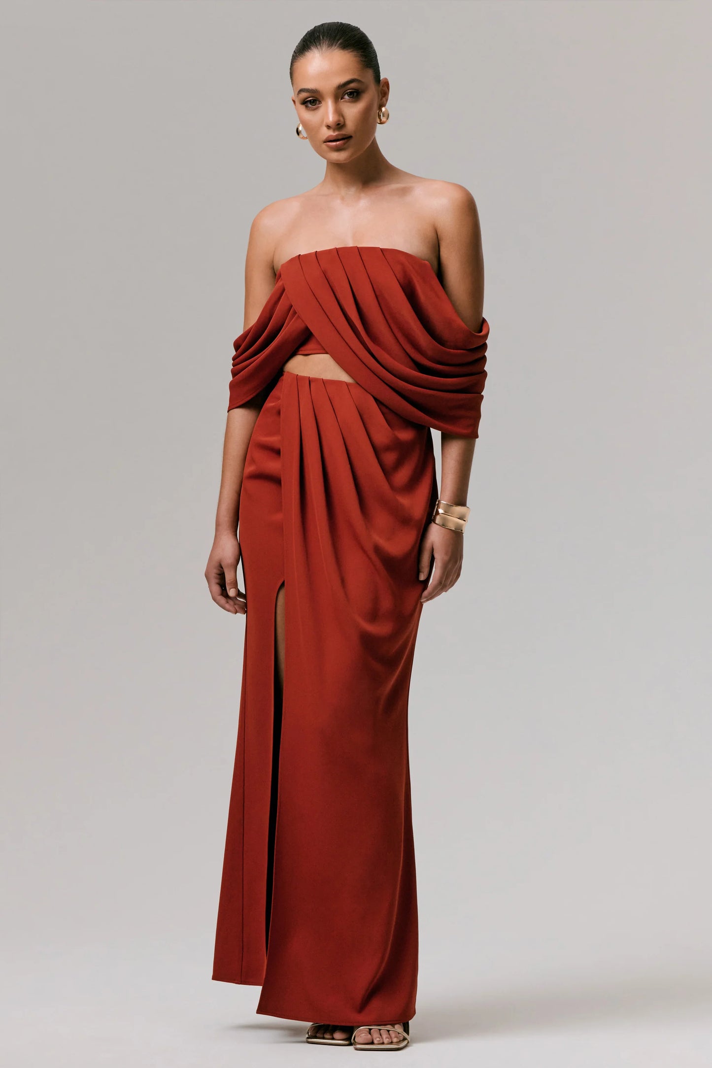 Zelina Terracotta Mid-Rise Maxi Skirt with Split