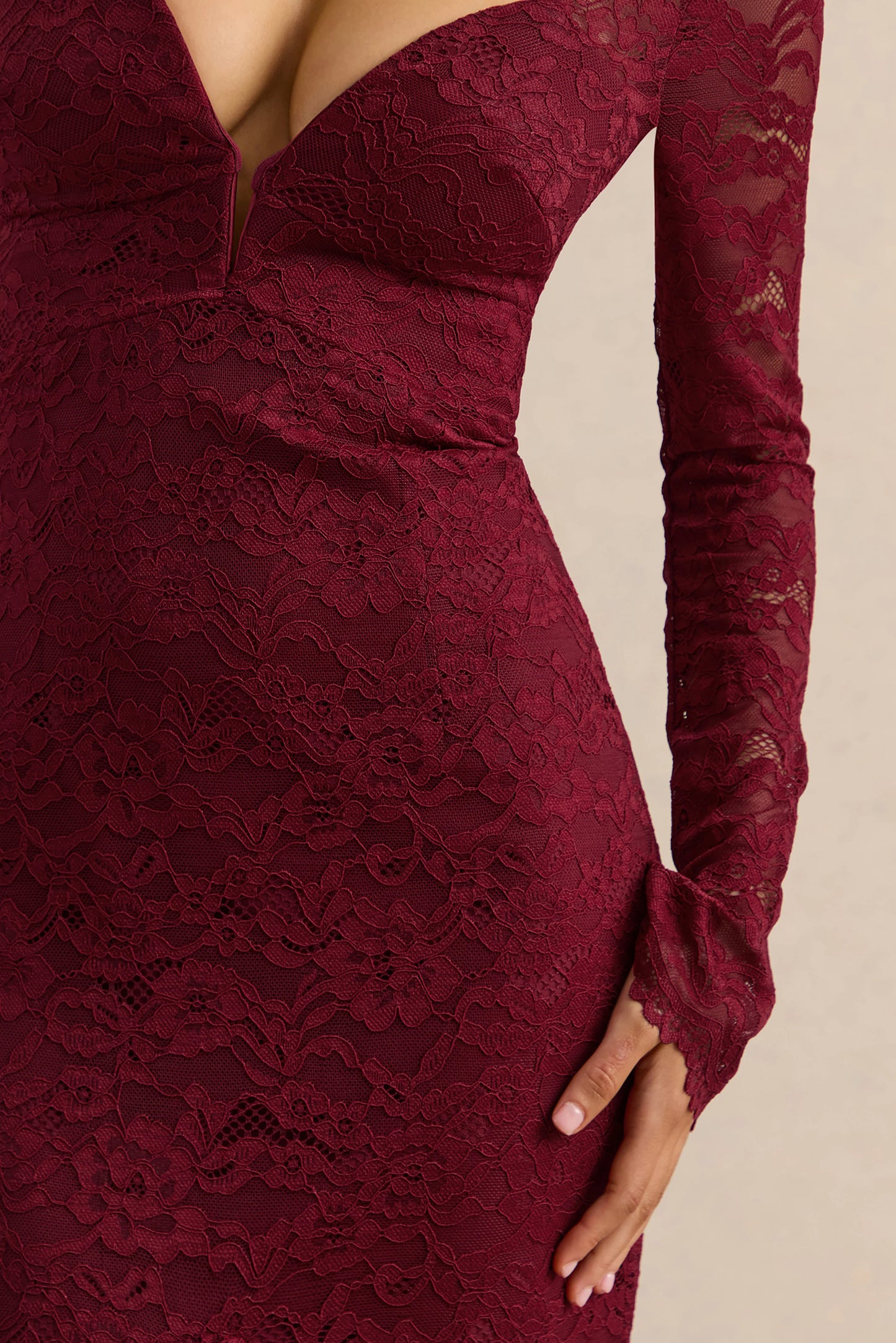 Camilly Burgundy Lace Plunge-Neck Mermaid Midi Dress