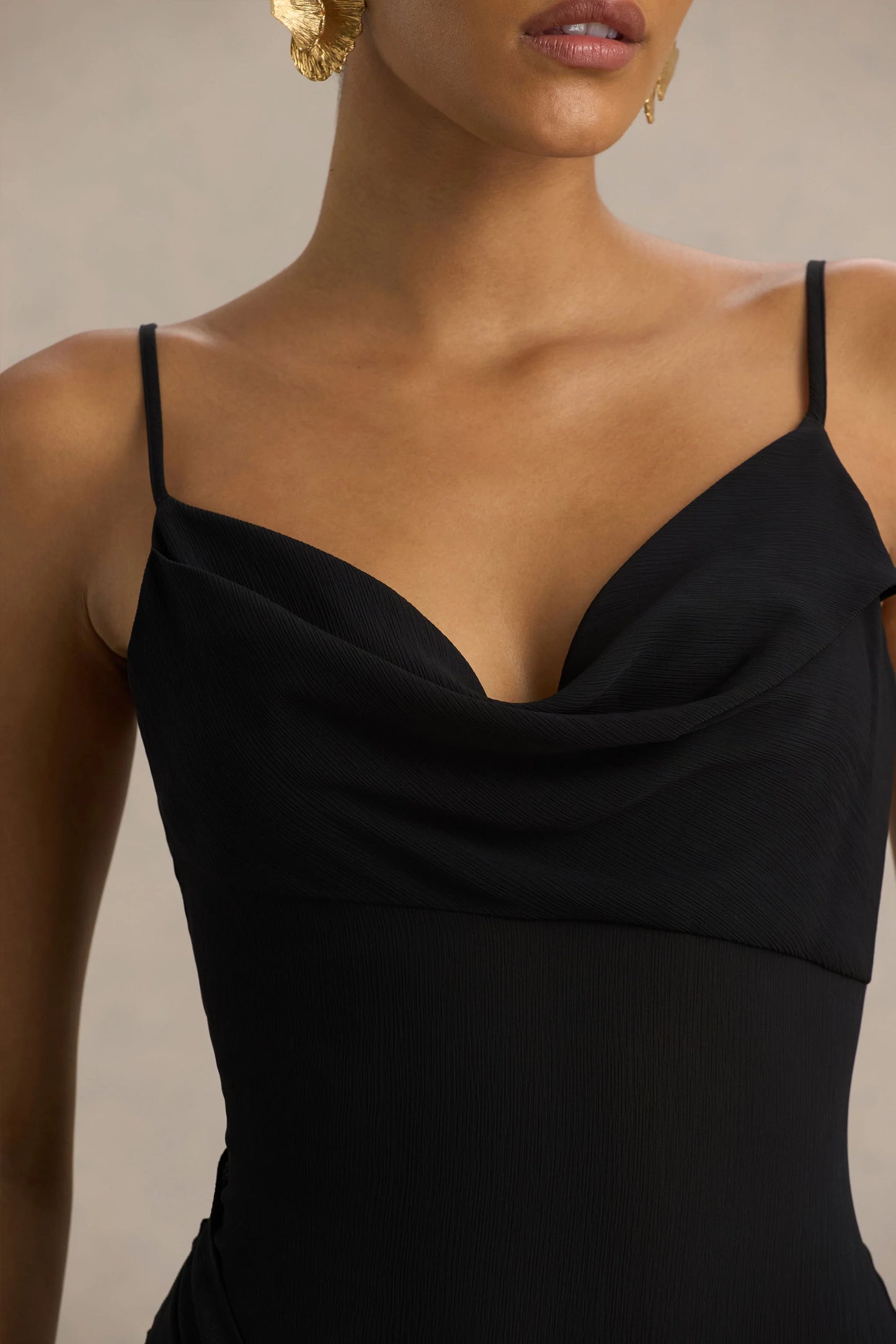Virtue Black Cowl-Neck Fishtail Maxi Dress With Split