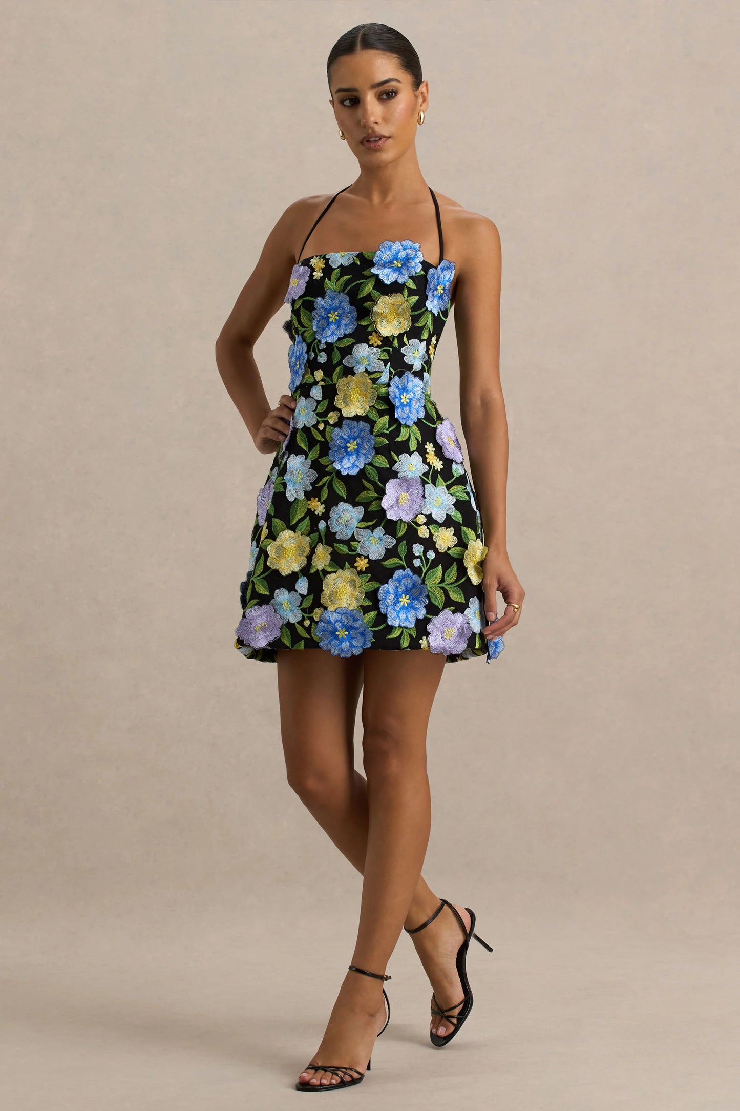 Aisha Black Floral Embellished Square-Neck Mini Dress