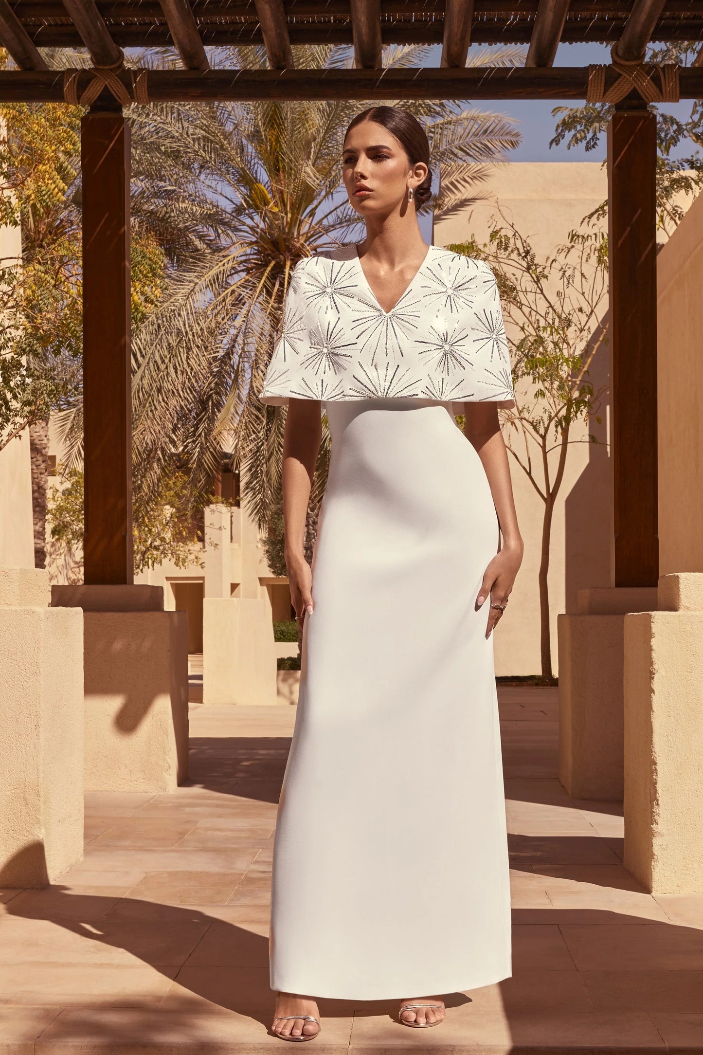 Agnella White Embellished V-Neck Maxi Dress