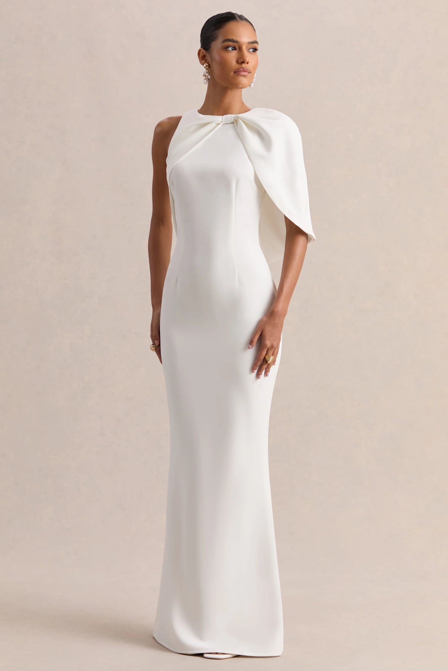Quira White Asymmetric-Neck Maxi Dress With Cape-Sleeve