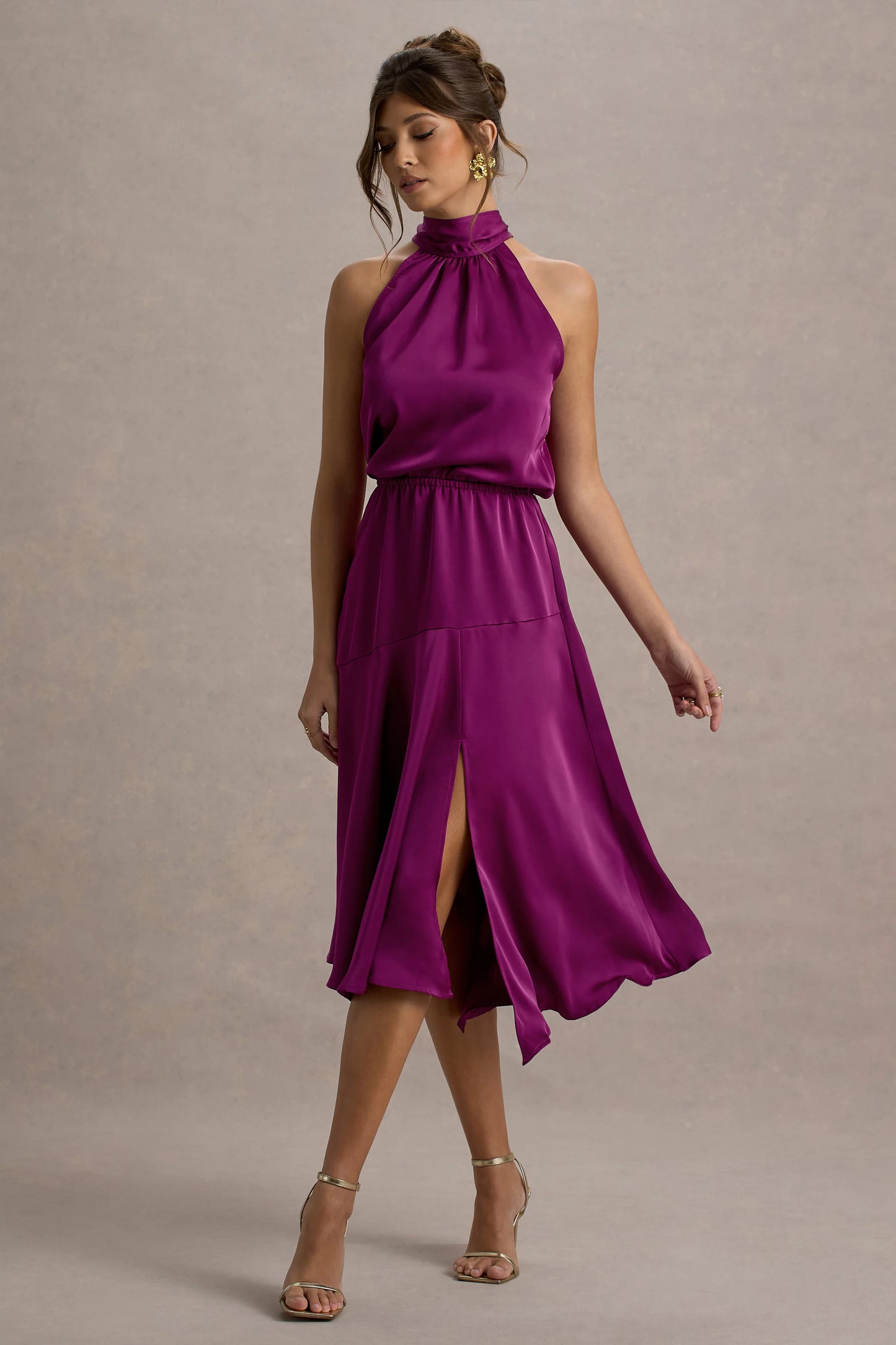 Palonia Dark Pink Satin High-Neck Split Midi Dress