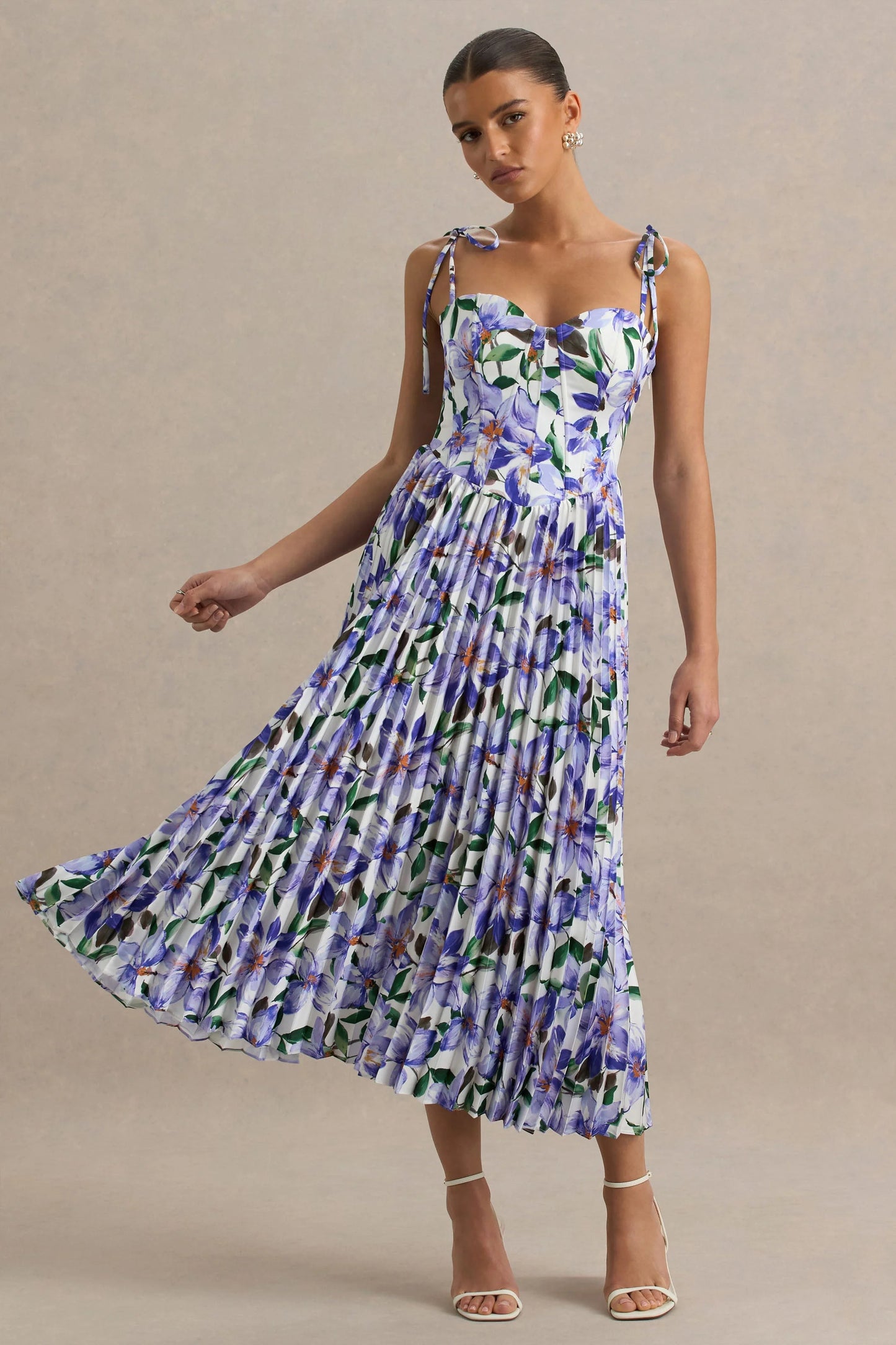 Peyton Purple Lily Print Satin Sweetheart-Neck Midi Dress With Pleated Details