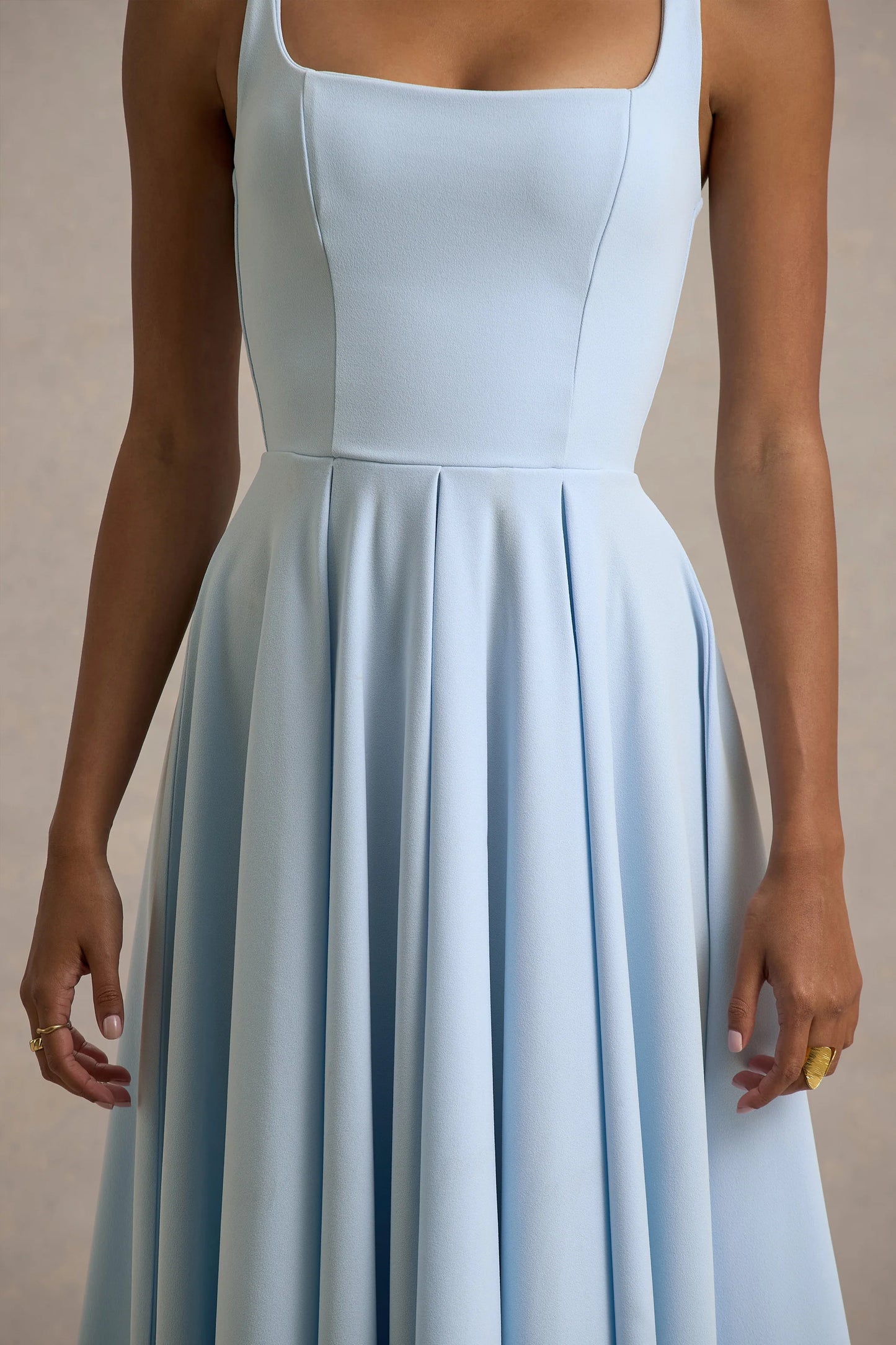Parina Powder Blue Strappy Volume-Hem Midi Dress