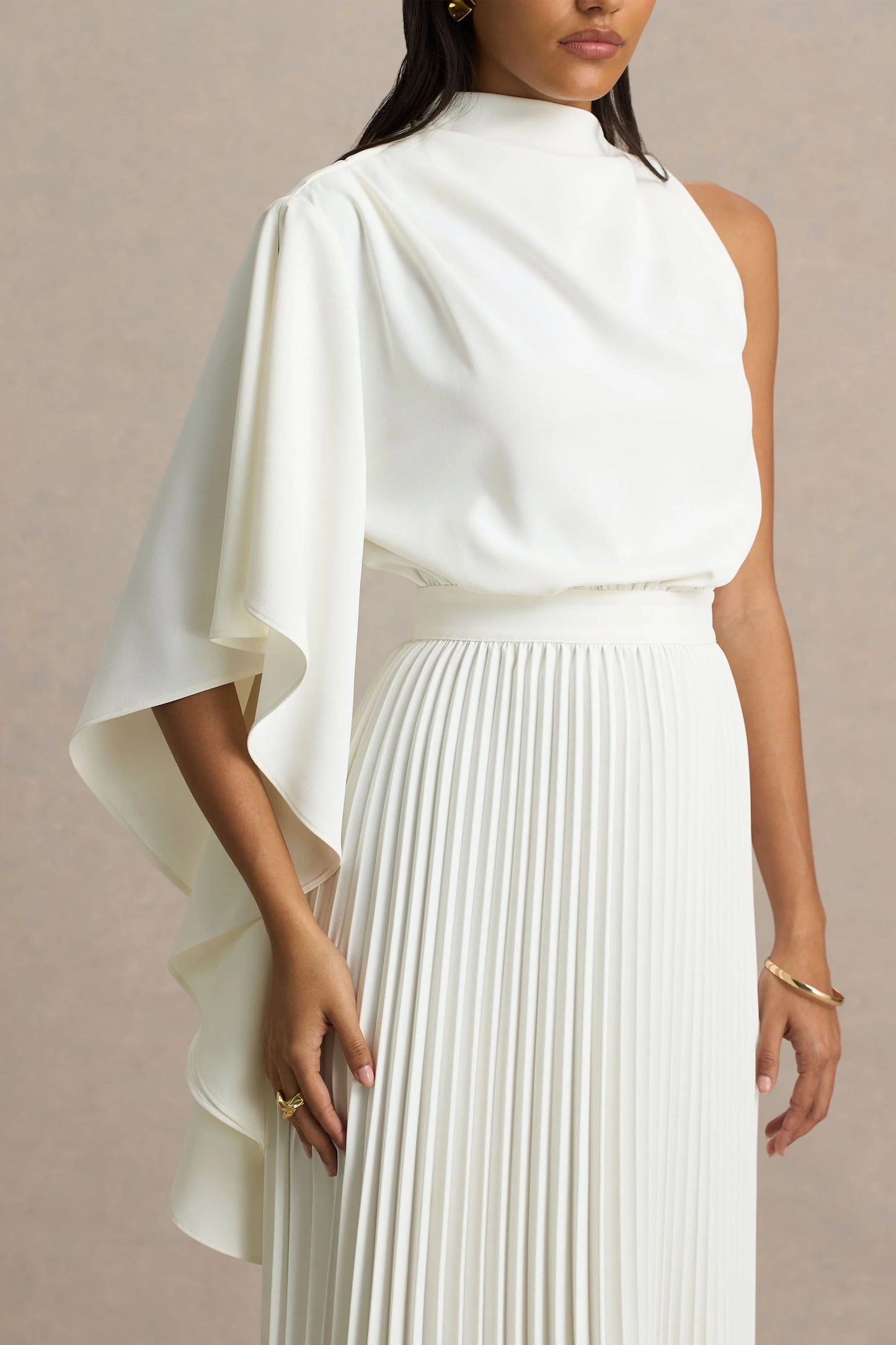Jimena Cream High-Neck Midi Dress With One-Long Sleeve And Pleated Detailing