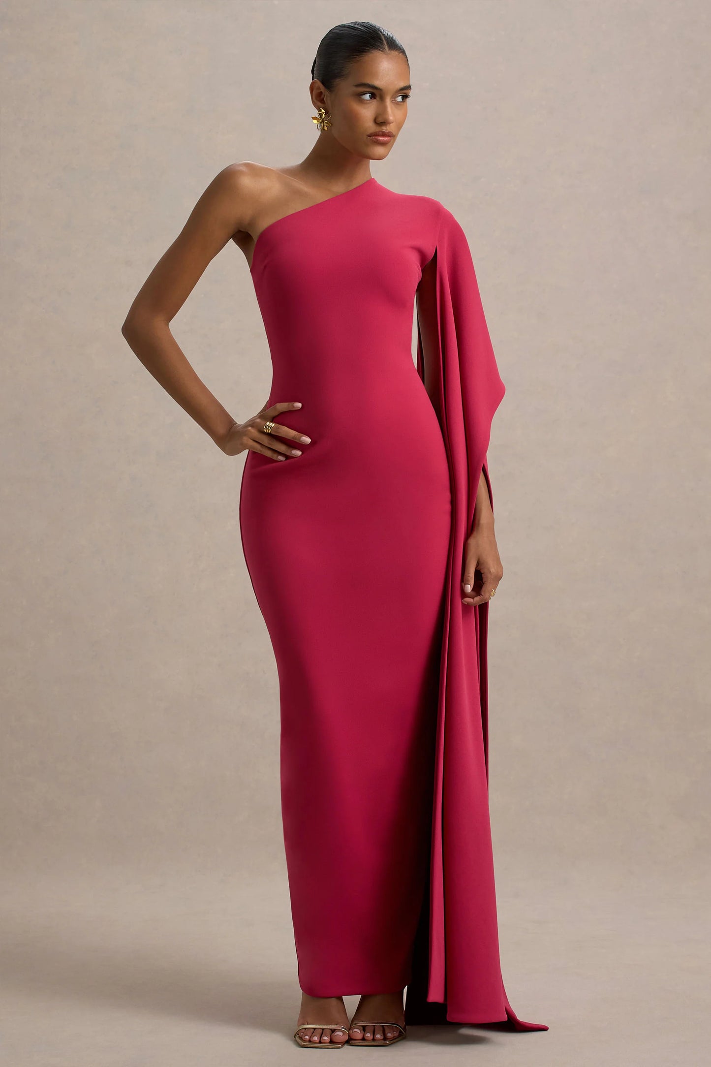 Lily Hot Pink & Burgundy Asymmetric Maxi Dress With Cape Sleeve