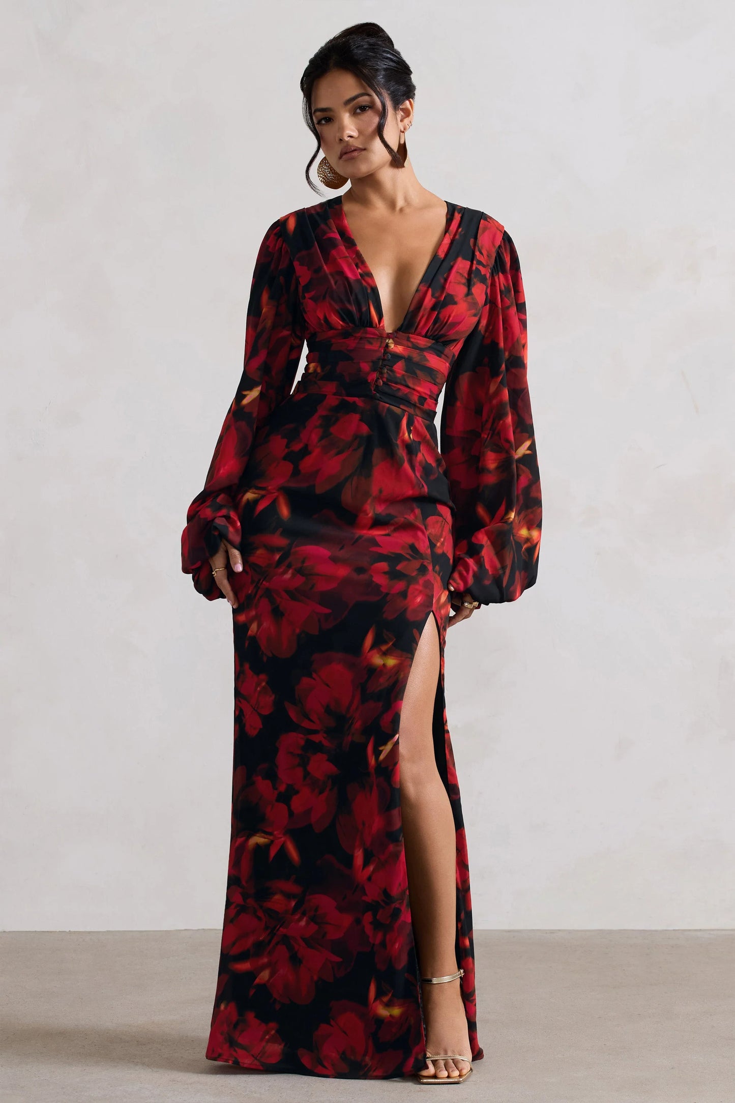 Casarile Red Floral Print V-Neck Balloon Sleeve Maxi Dress