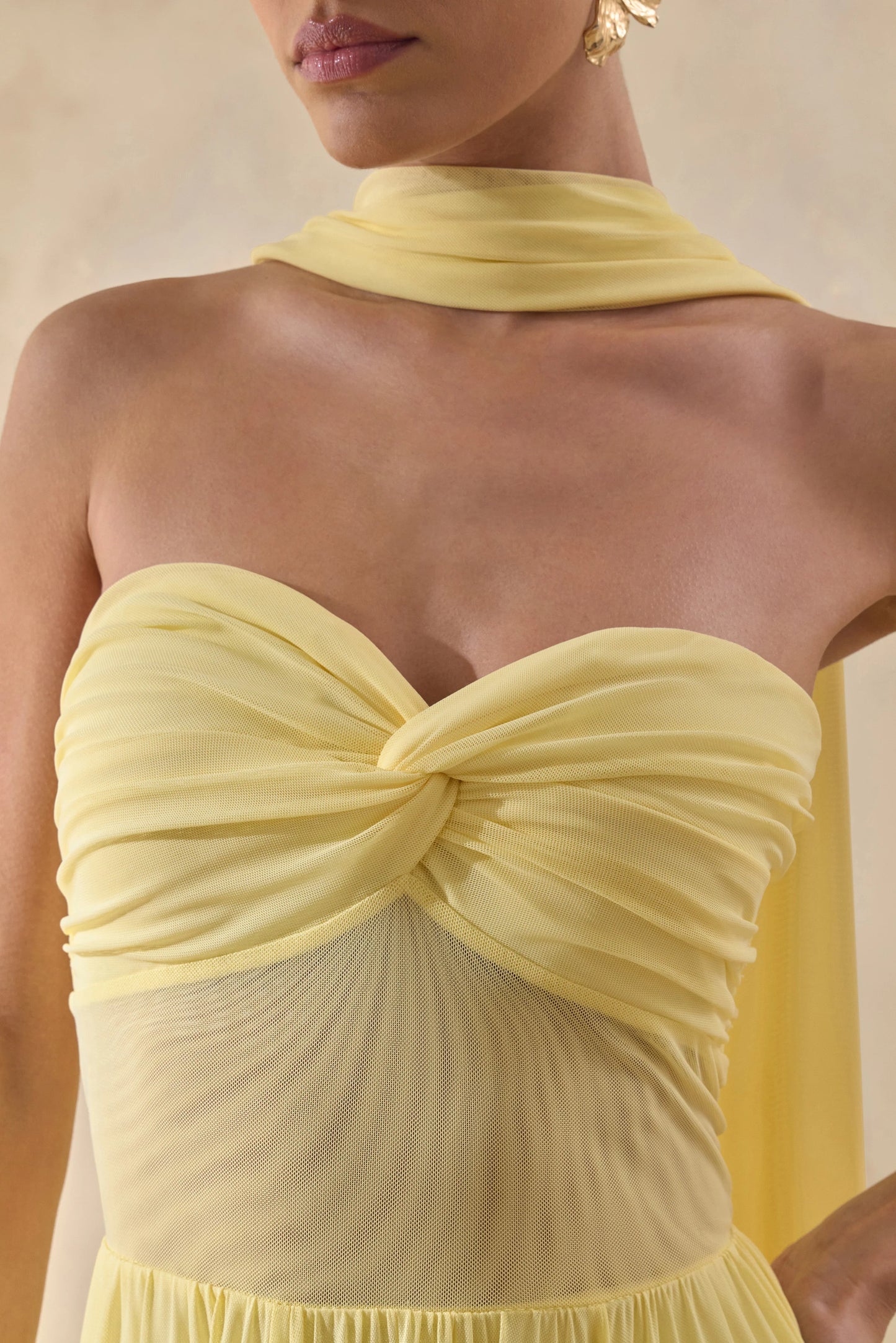 Lyvoria Lemon Bandeau Maxi Dress With Mesh-Detail And Scarf