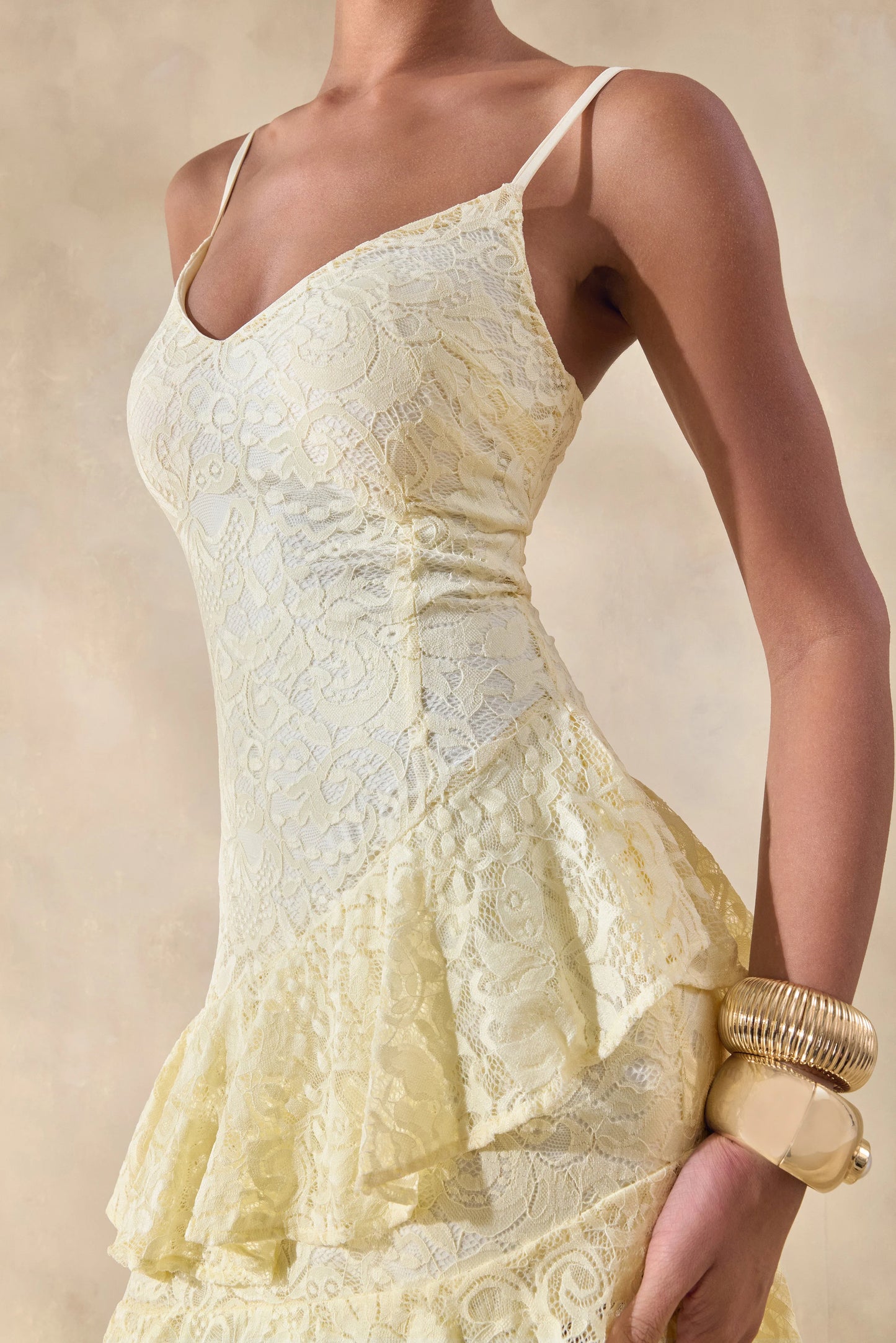 Avelisse Lemon Lace Plunge-Neck Maxi Dress With Ruffled Detailing