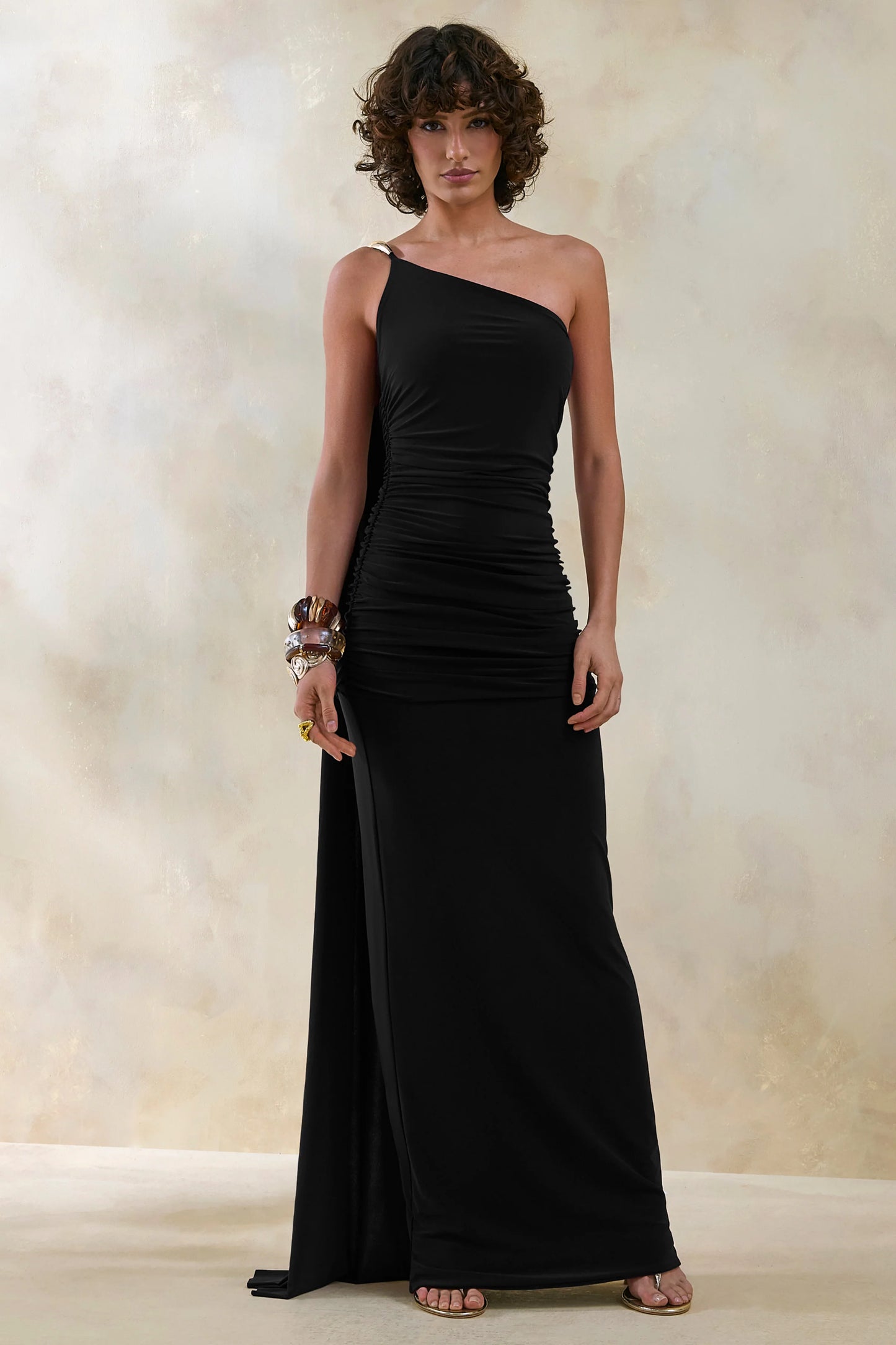 Bettine Black Asymmetric-Neck Maxi Dress With Cape-Sleeve