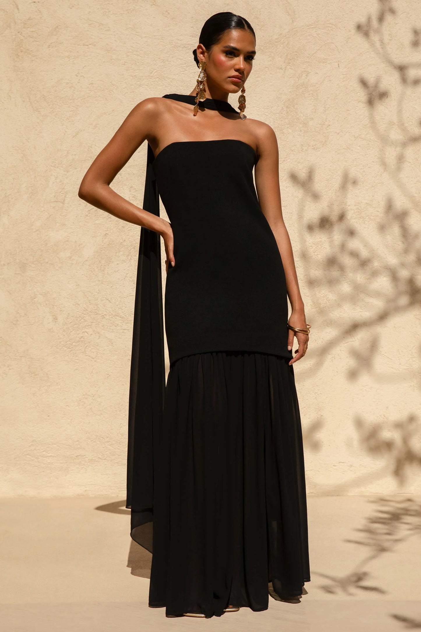 Kylie Black High-Neck Maxi Dress With Chiffon Skirt