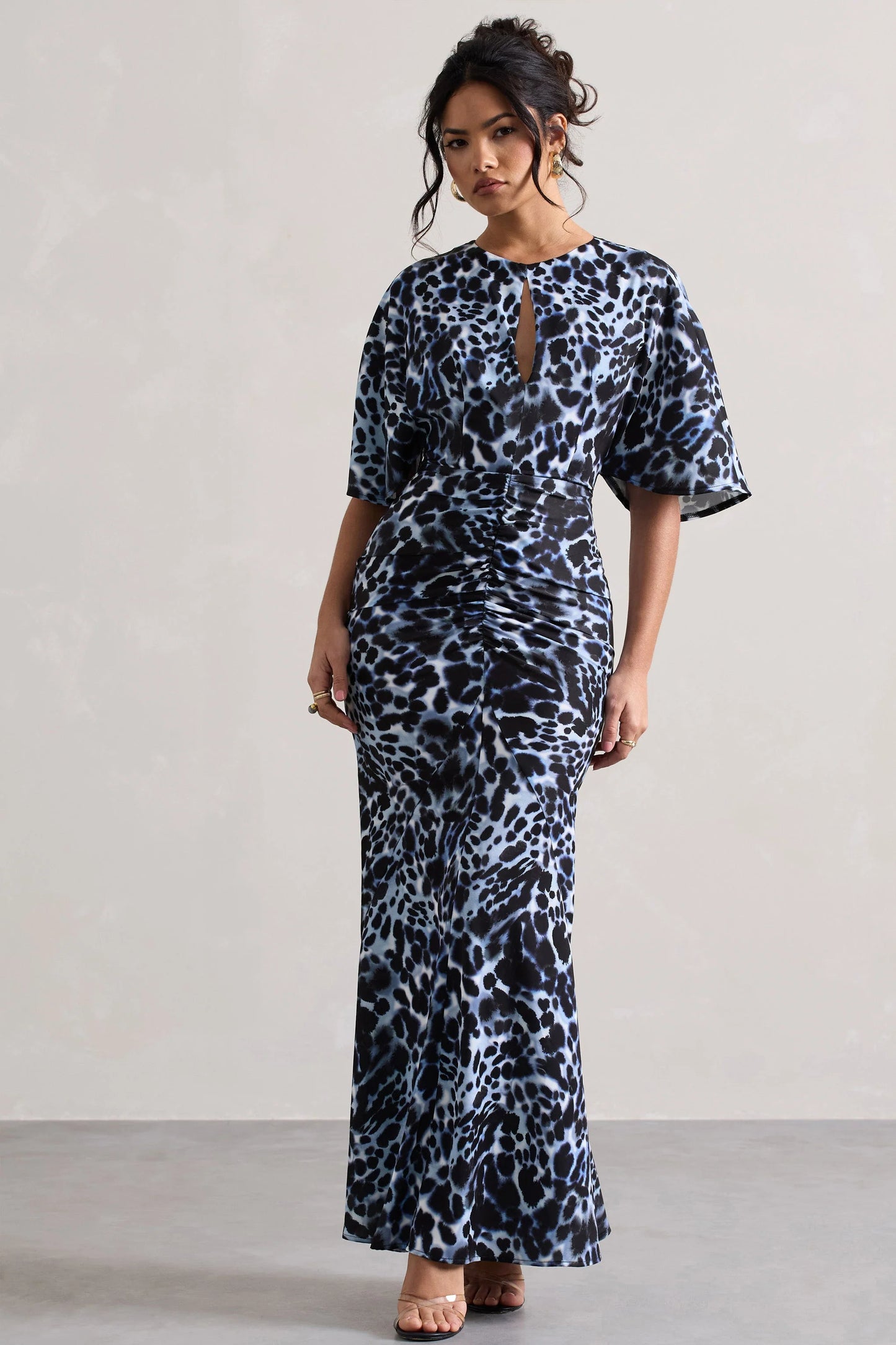 Elidy Animal Print Ruched Flutter-Sleeve Cut-Out Maxi Dress