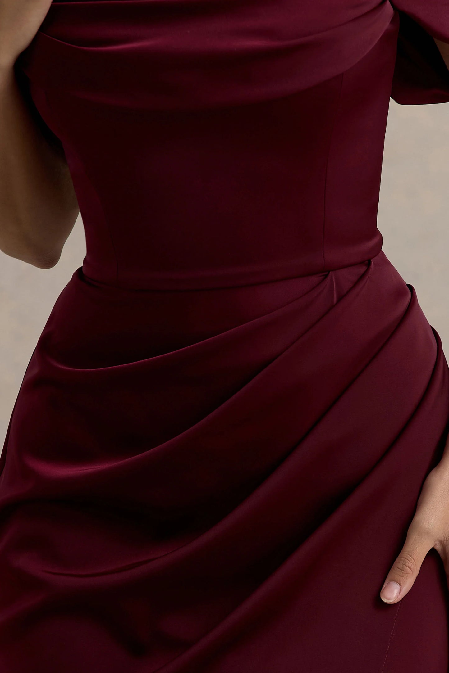 Annie Burgundy Satin Bardot Maxi Dress With Split Wrap Skirt