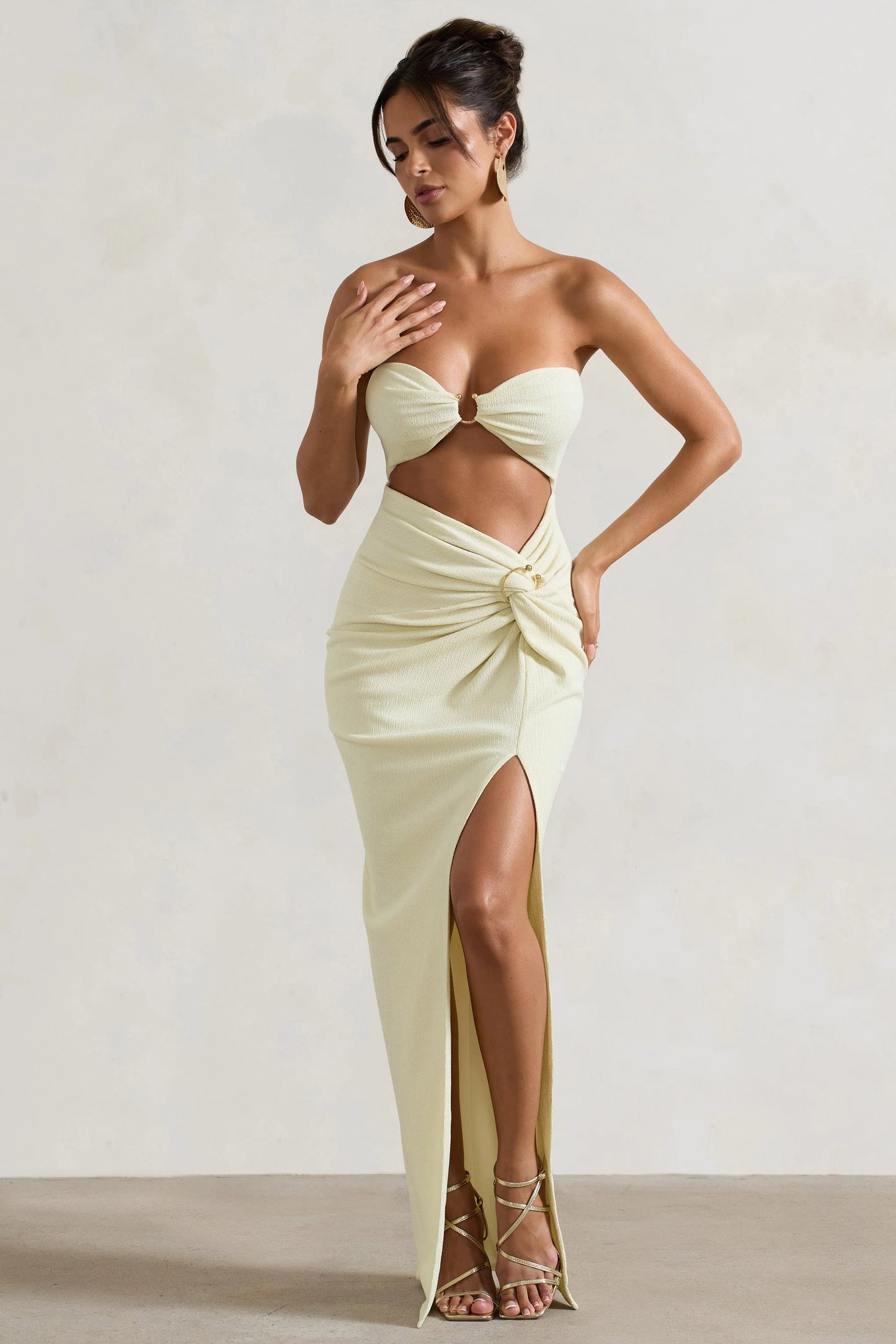 Cancun Ecru Crinkle Strapless Cut-Out Maxi Dress With Twist