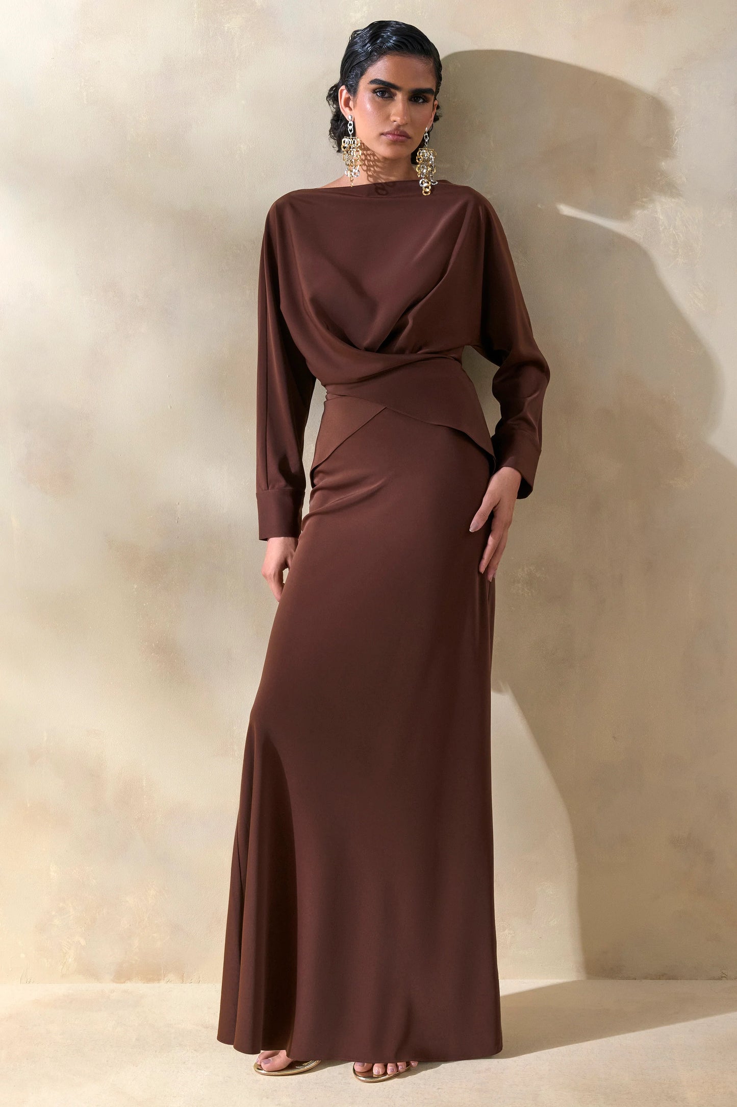 Elaria Brown Satin Maxi-Skirt
