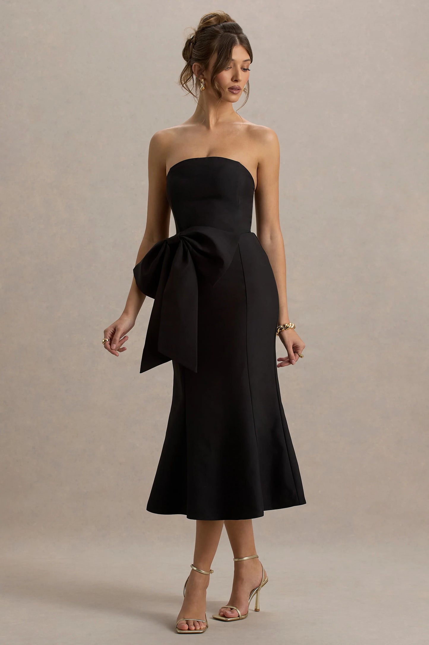 To Me Black Bandeau Midi Dress With Oversized Bow