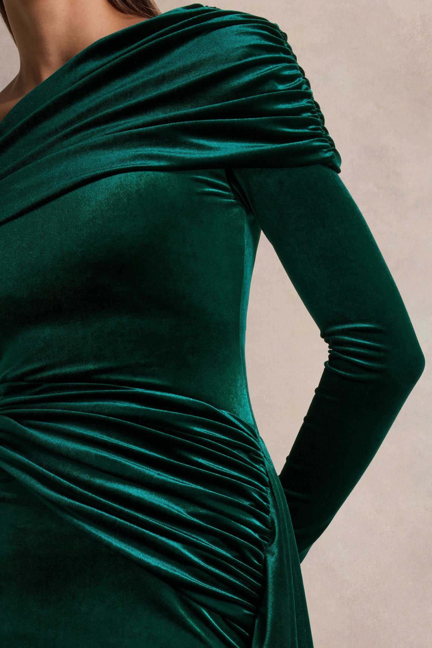 Hadria Bottle Green Velvet Asymmetric-Neck Maxi Dress With Sash-Detail