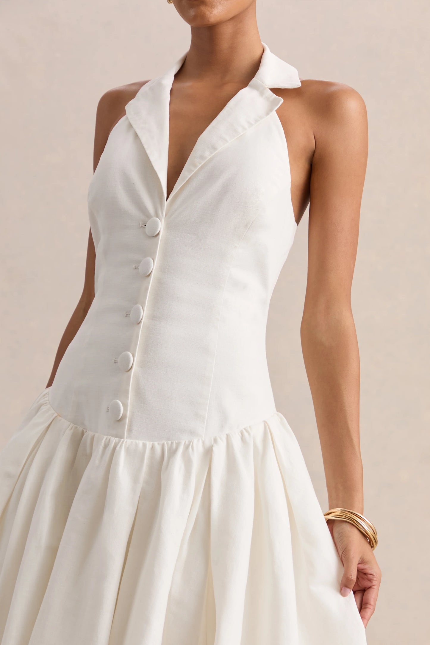 Ella White Plunge-Neck Midi Dress With Drop-Waist