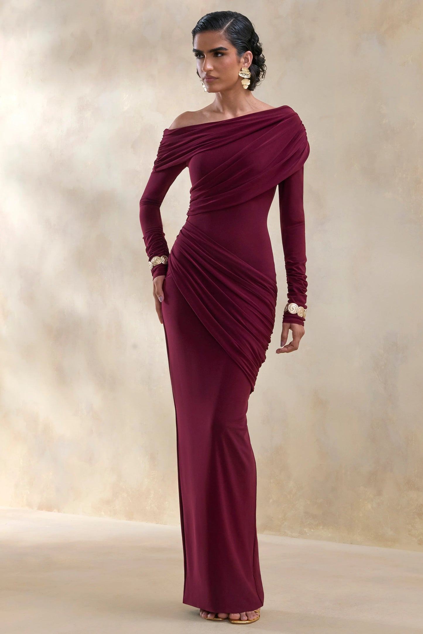 Rosirene Burgundy Asymmetric-Neck Maxi Dress With Draped-Detailing