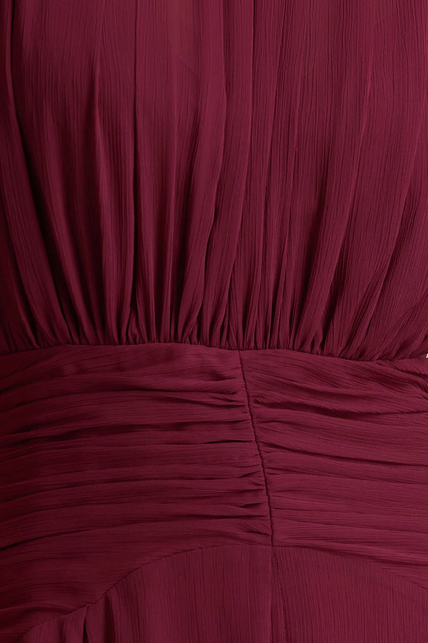 Melanina Burgundy High-Neck Maxi Dress With Ruched Detailing