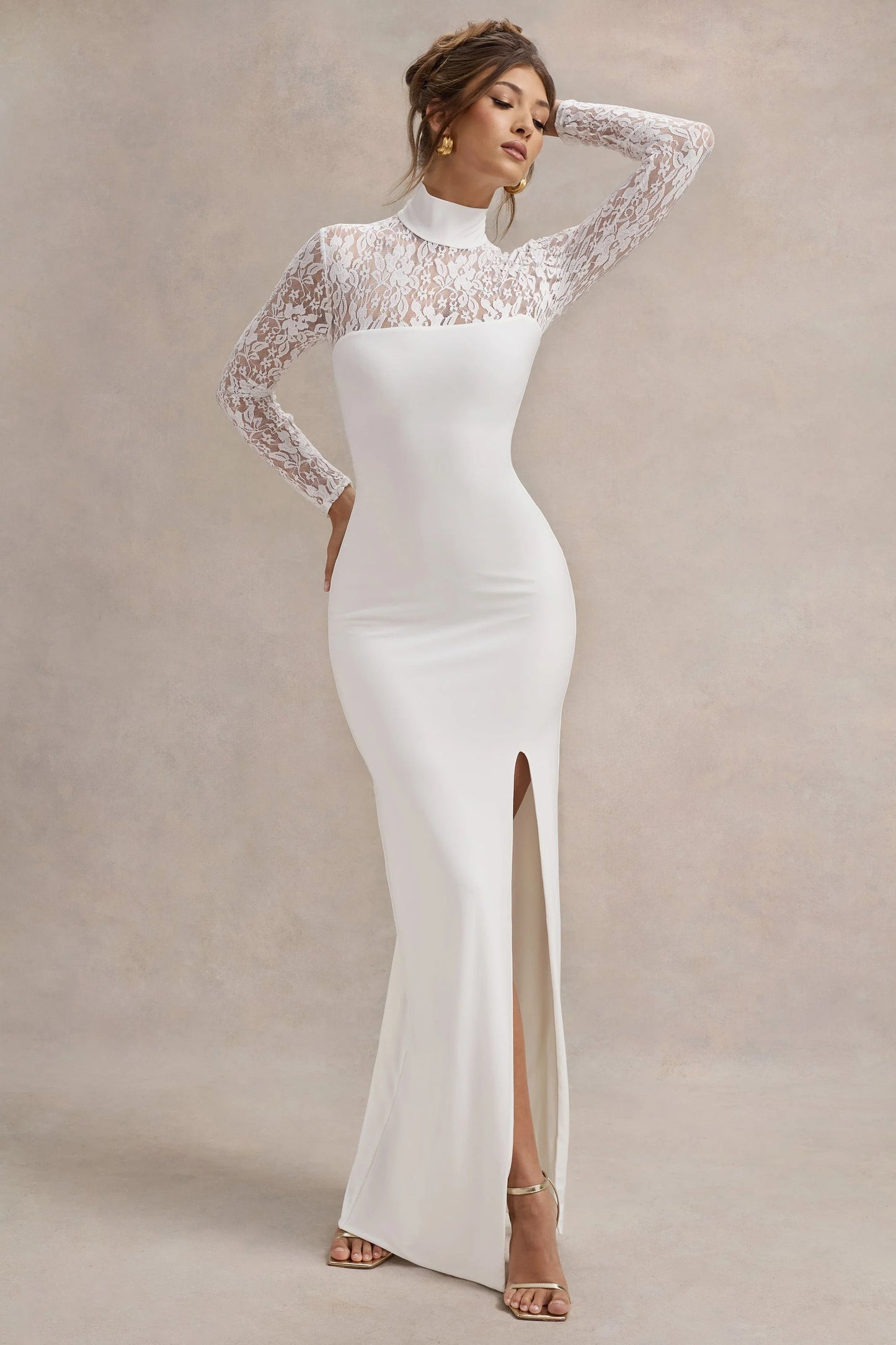 Arden White High-Neck Split Maxi Dress With Lace Sleeves