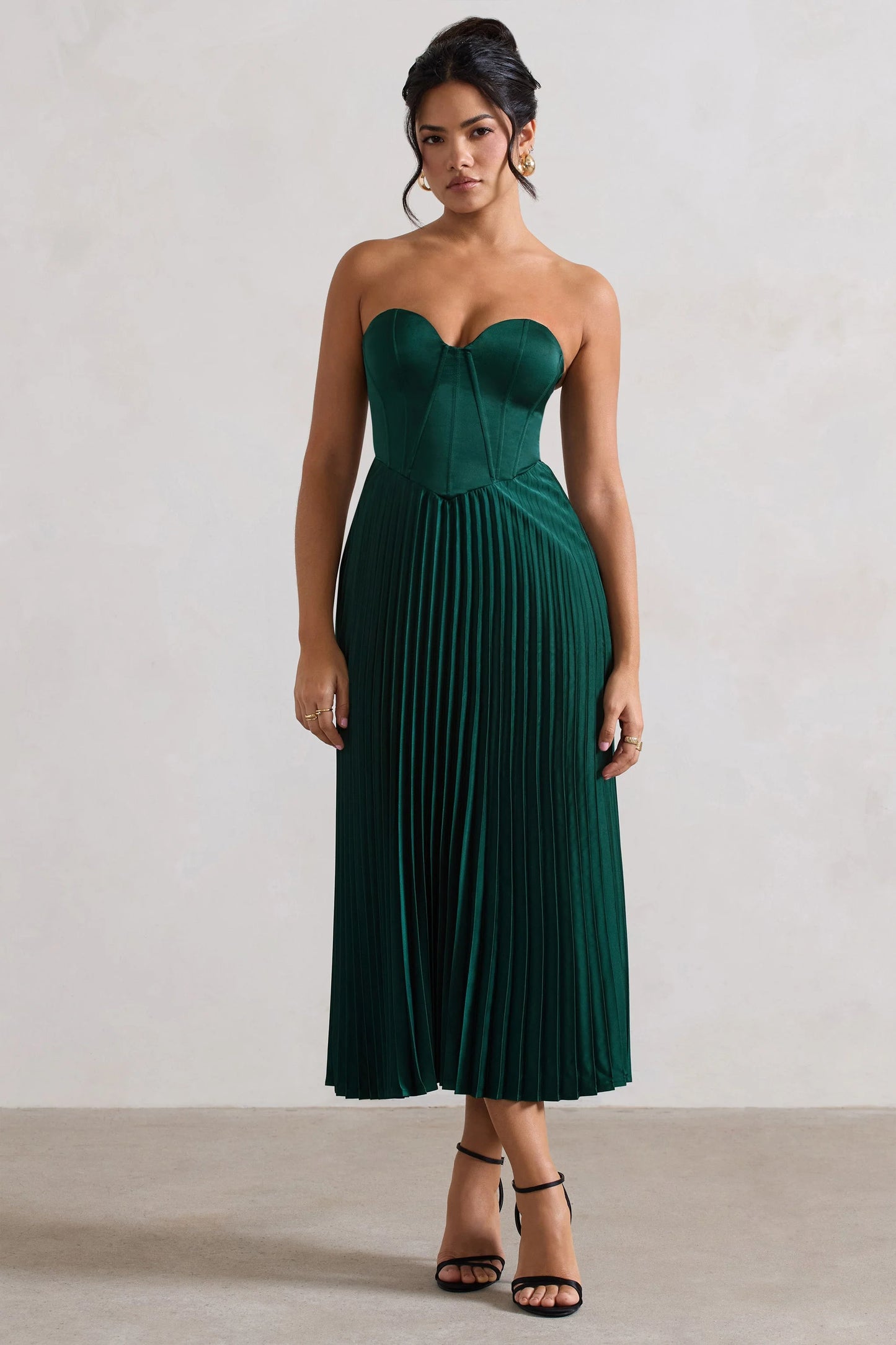 Bordeaux Green Satin Corset Style Midi Dress