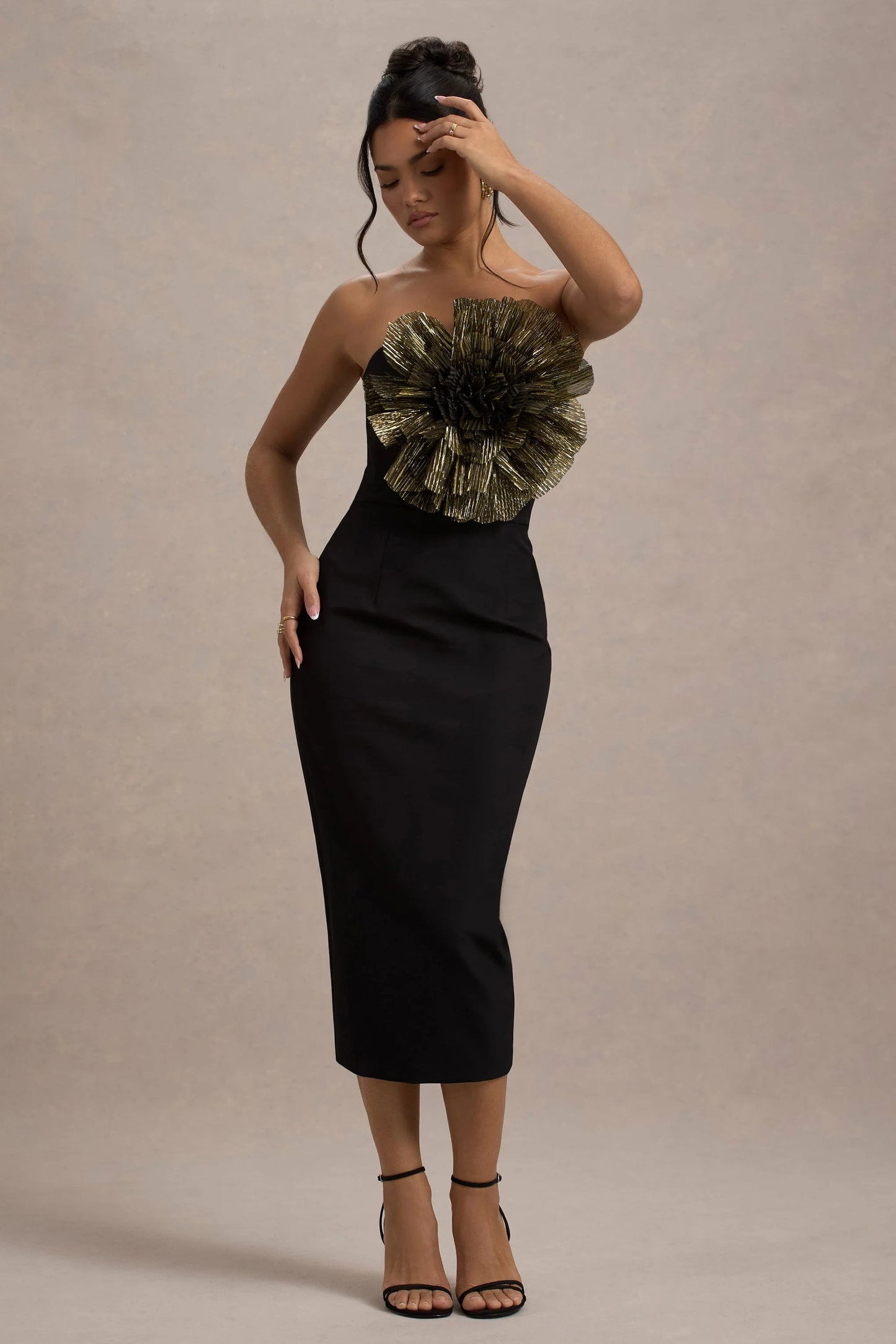 Moya Black & Gold Bodycon Midi Dress With Corsage Detail