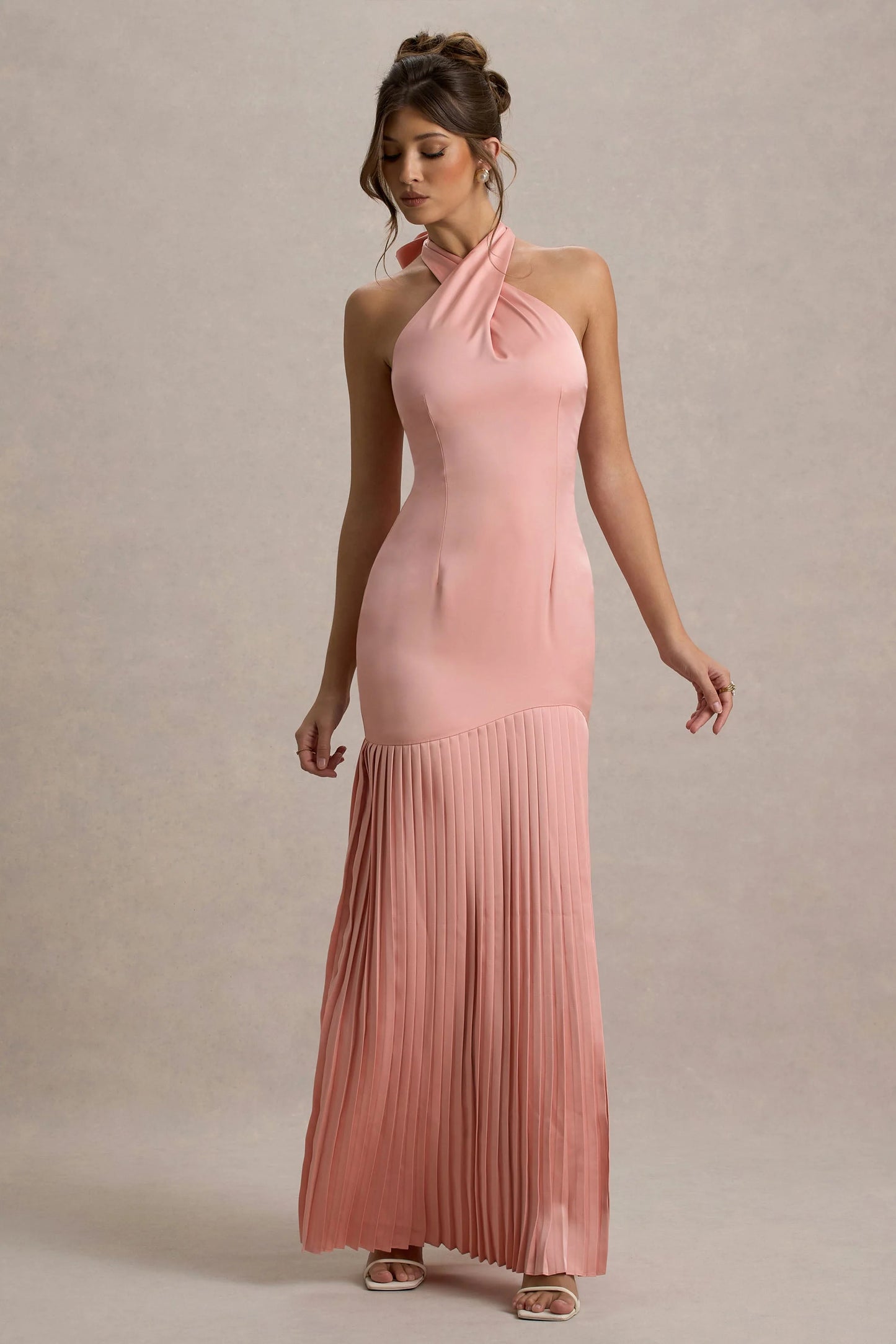 Sansa Light Pink Satin Cross Halter-Neck Plisse Maxi Dress