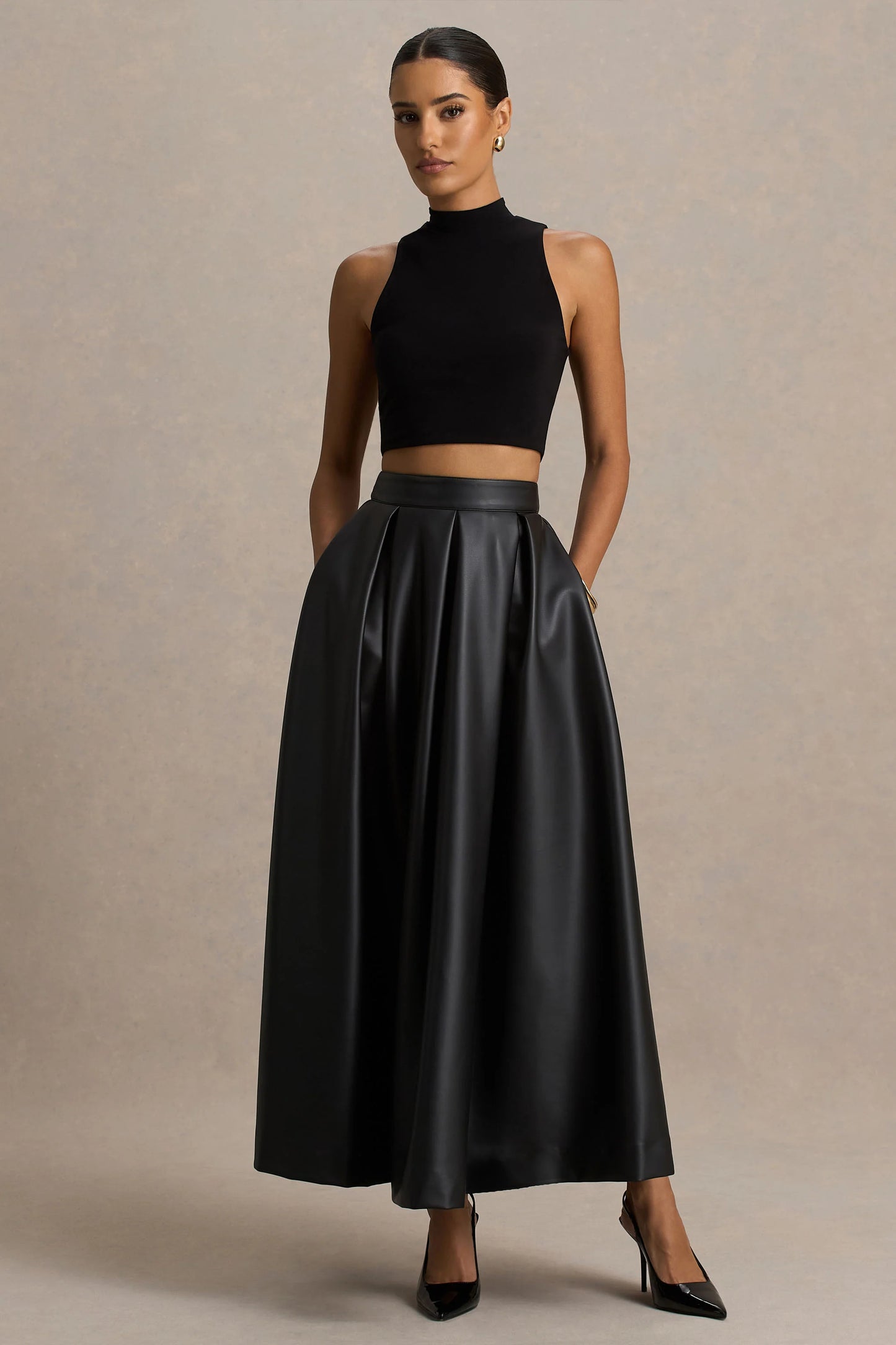Noa Black Faux Leather A-Line Midi Skirt