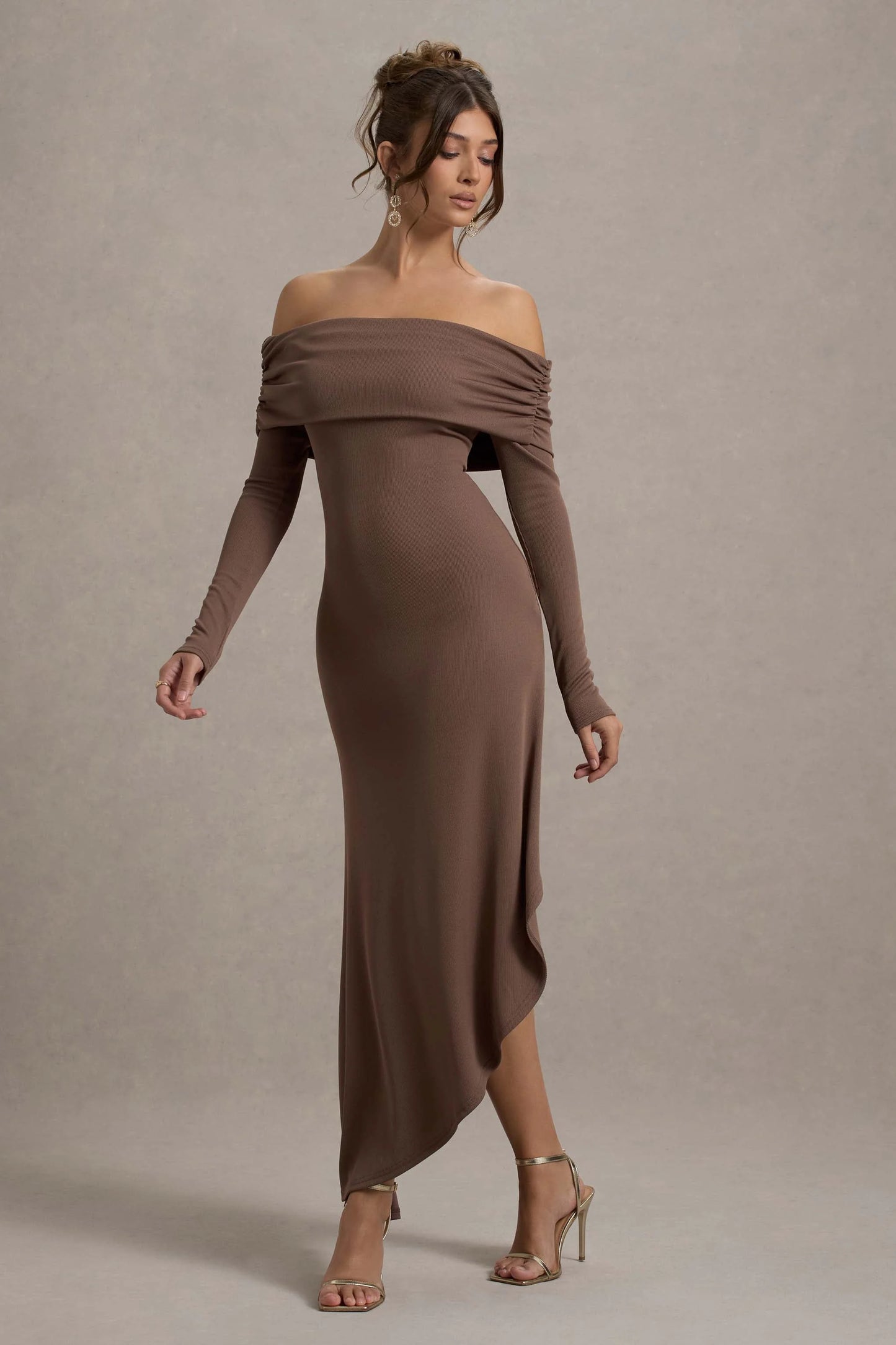 Romina Mocha Rib Knit Bardot Maxi Dress With Asymmetric Hem