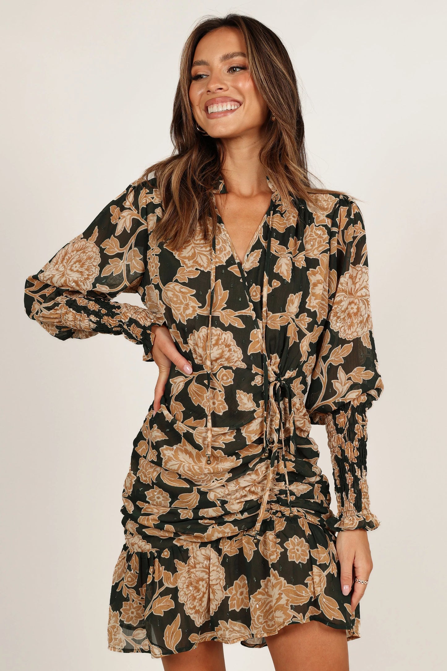 Micha Ruched High Neck Mini Dress - Pine/Gold