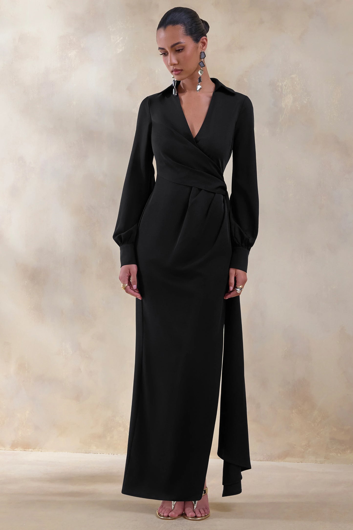 Vita Black Plunge-Neck Wrap Maxi Dress
