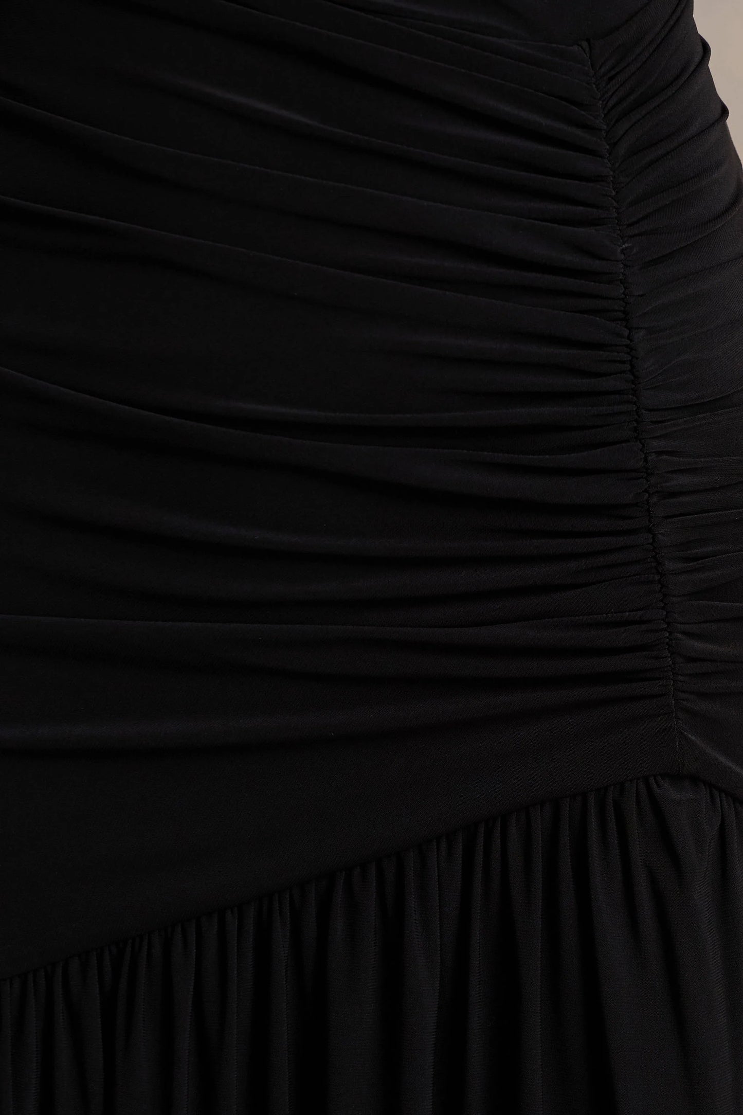 Kady Black Asymmetric-Neck Maxi Dress With Ruched Detailing and Front-High Split