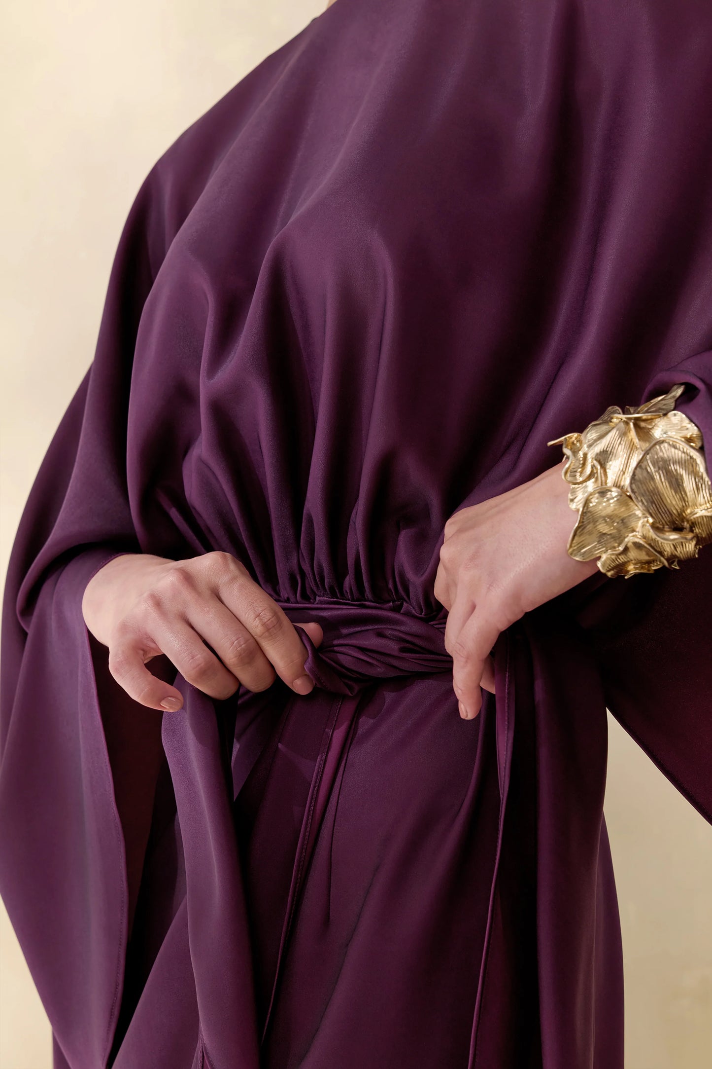Delphina Plum Satin Maxi Dress With Gathered And Knot-Detail