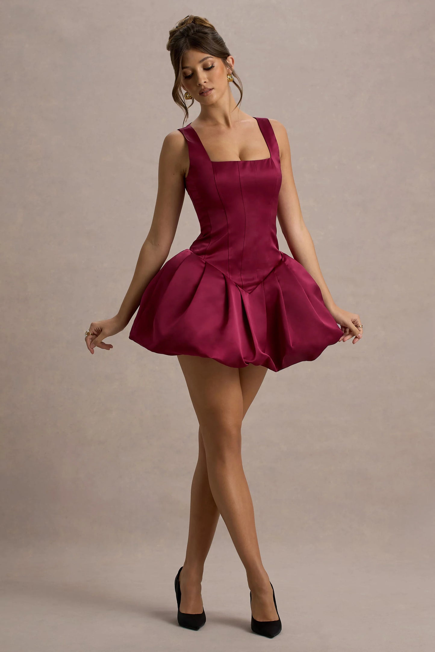 Bramble Port Satin Square-Neck Puffball Mini Dress