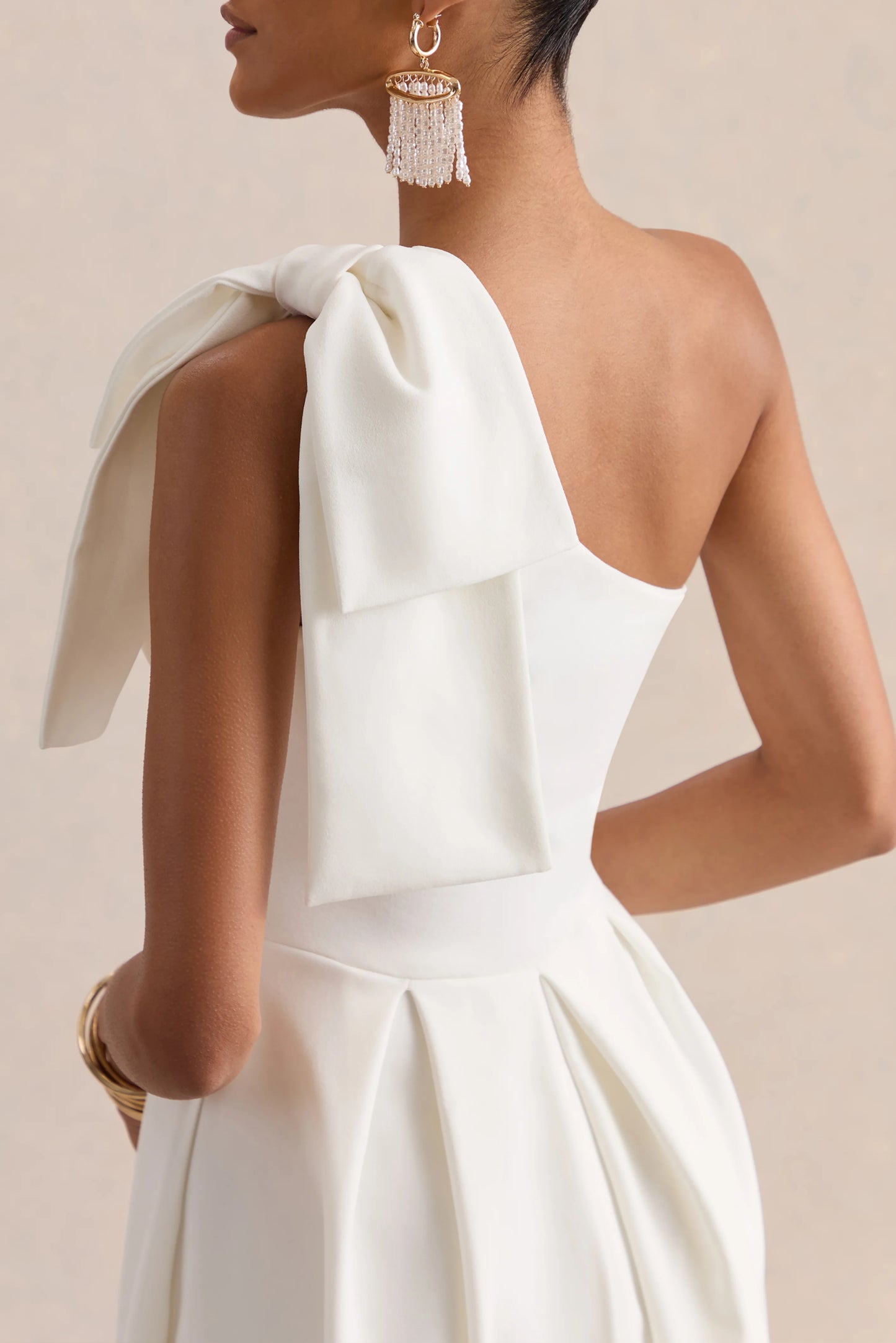 Meria White Asymmetric-Neck Midi Dress With Bow-Sleeve