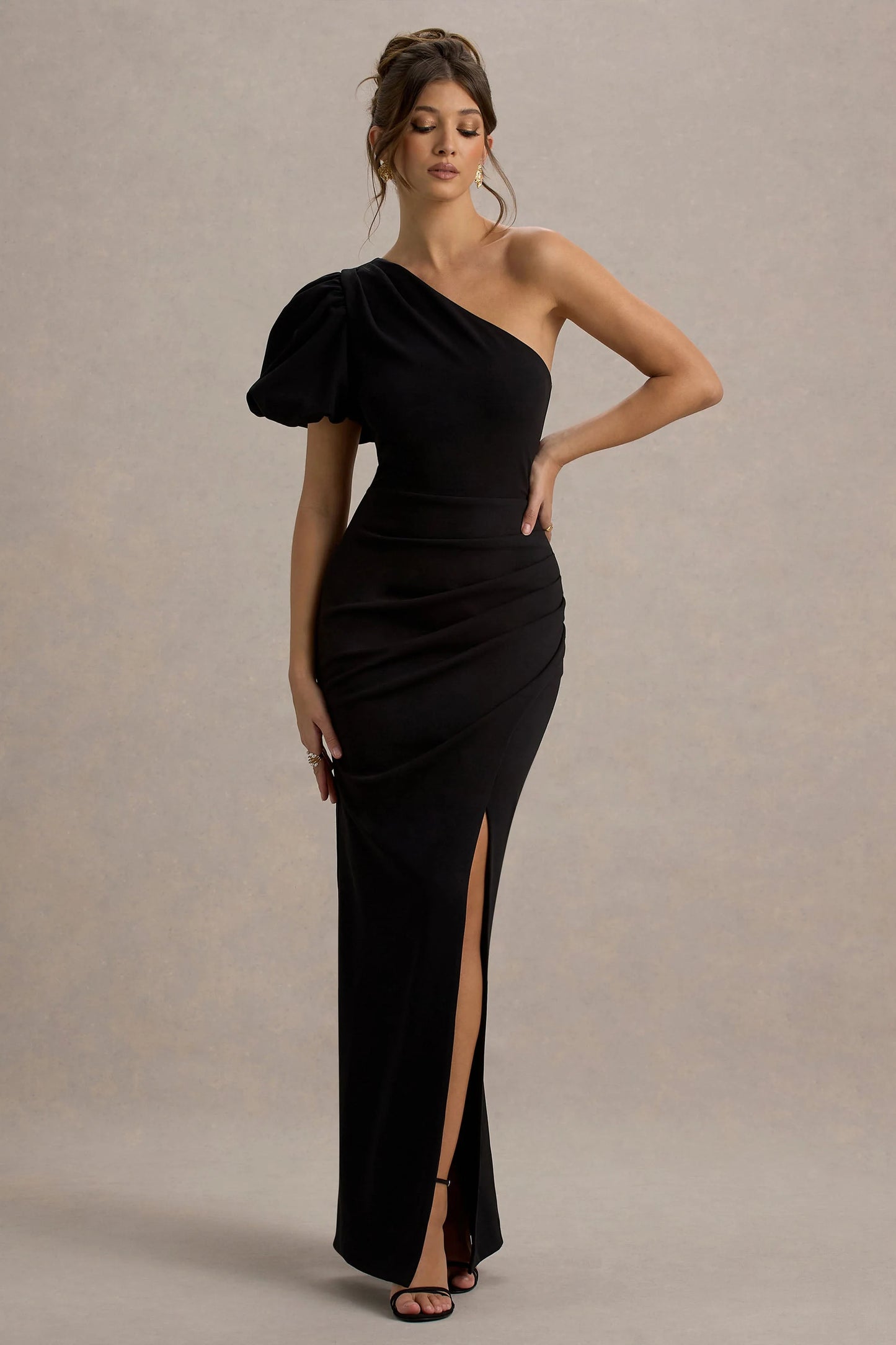 Vittoria Black Asymmetric Puff-Sleeve Split Maxi Dress