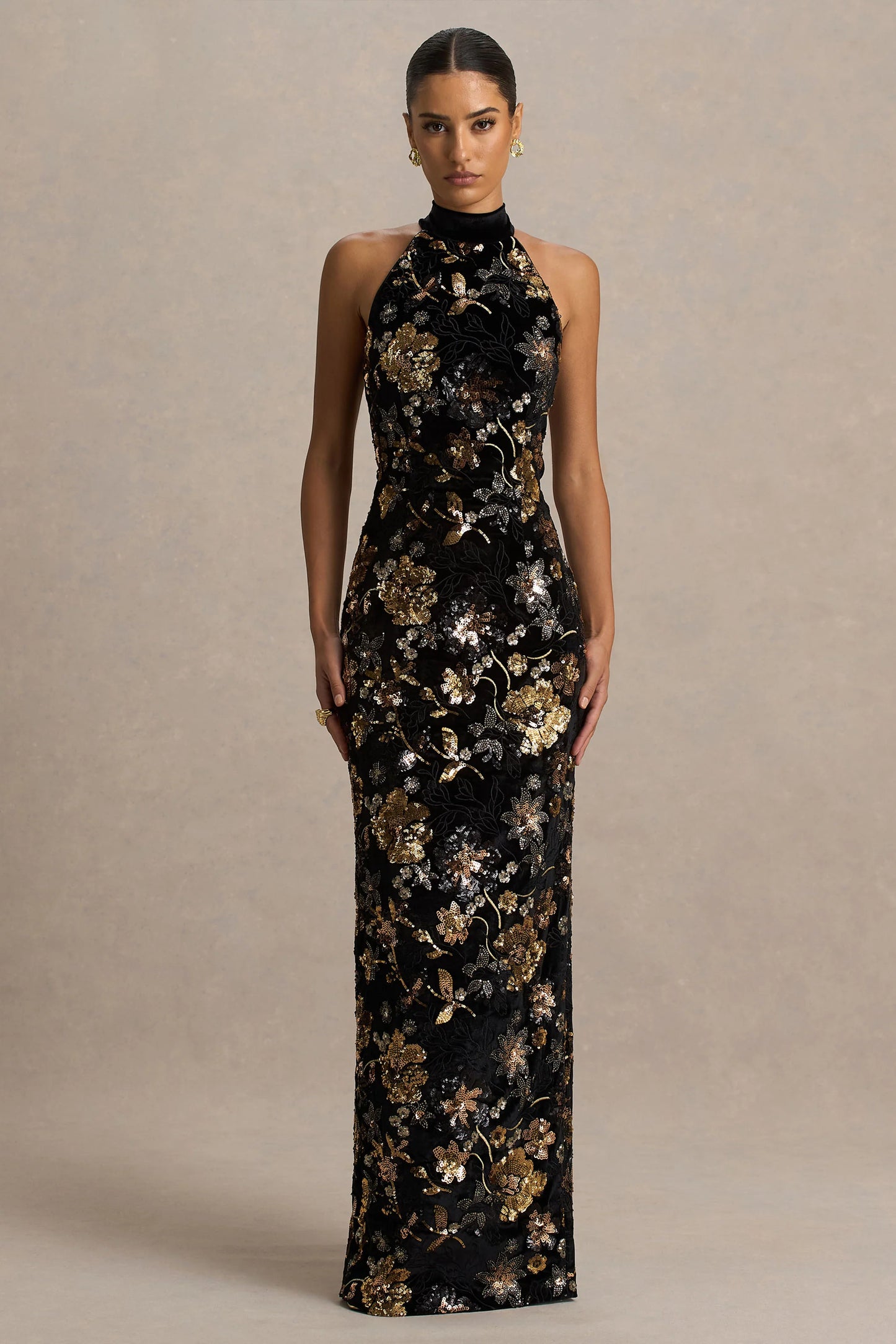 Tate Black Velvet Halter-Neck Maxi Dress With Bronze Floral Sequin Embellishments