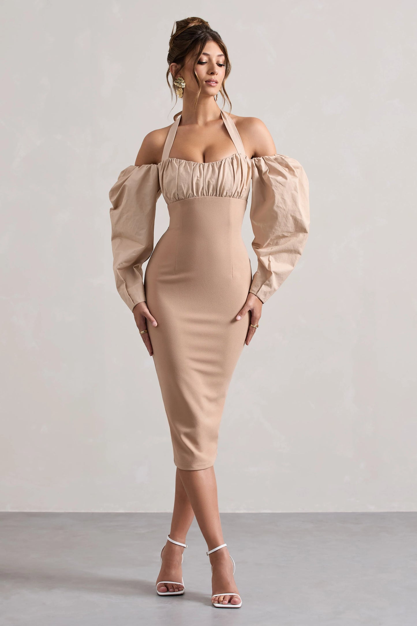Couture Client Champagne Halter-Neck Puff Sleeve Midi Dress