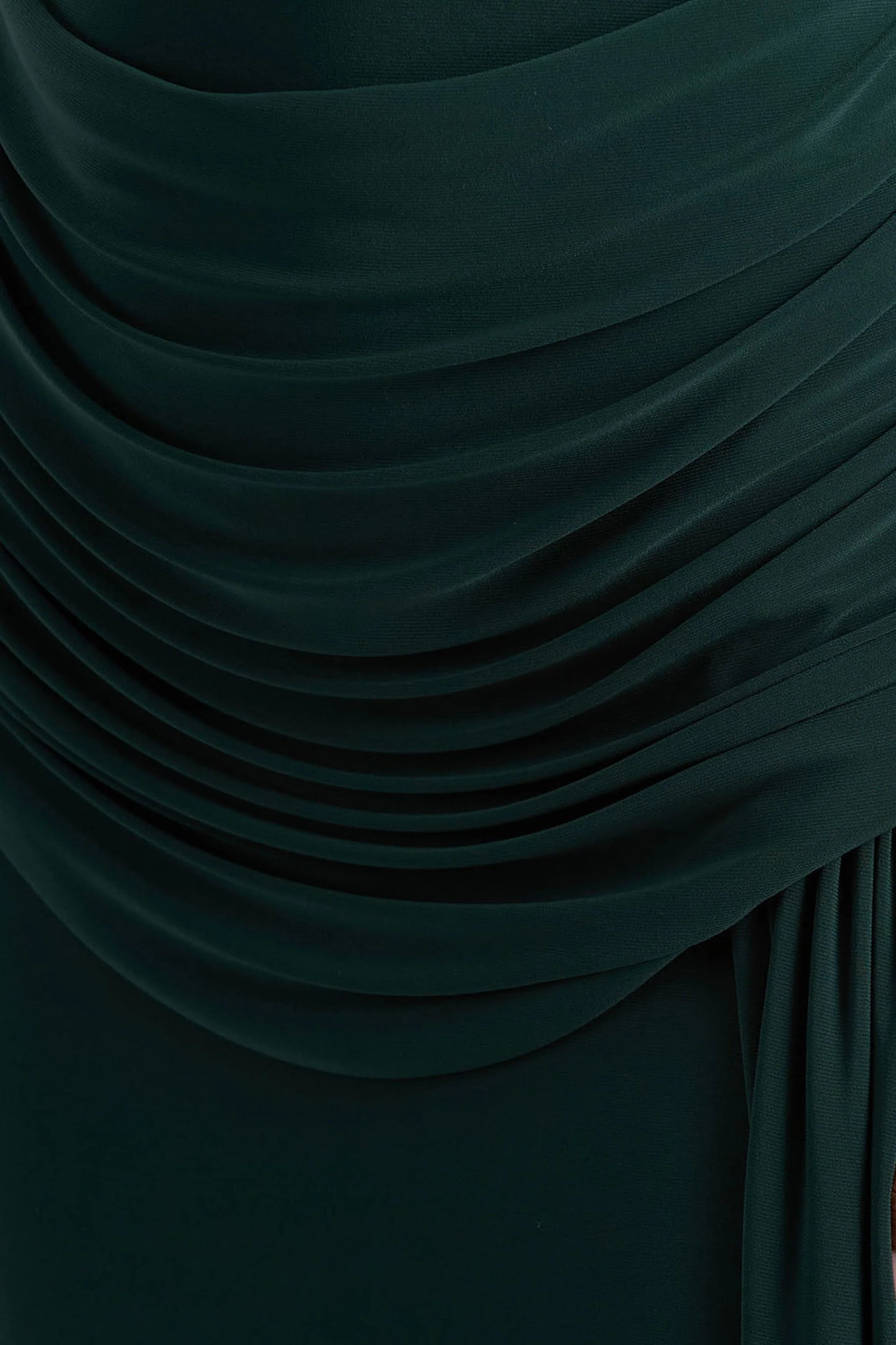 Dynasty Dark Green Asymmetric-Neck Maxi Dress With Ruched Detailing And Front High-Split