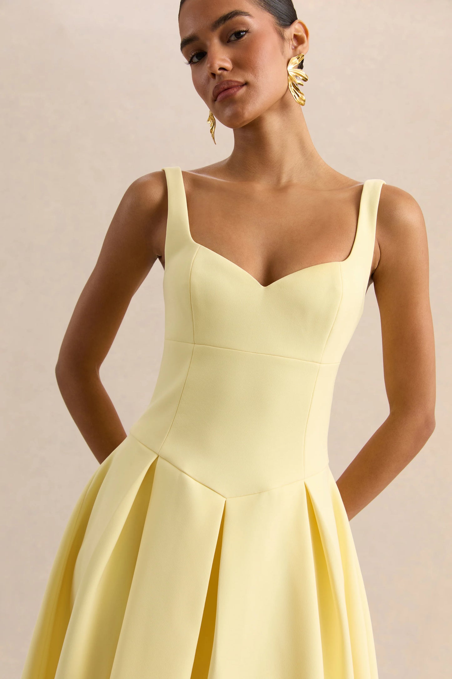 Greta Lemon Sweetheart-Neck Midi Dress