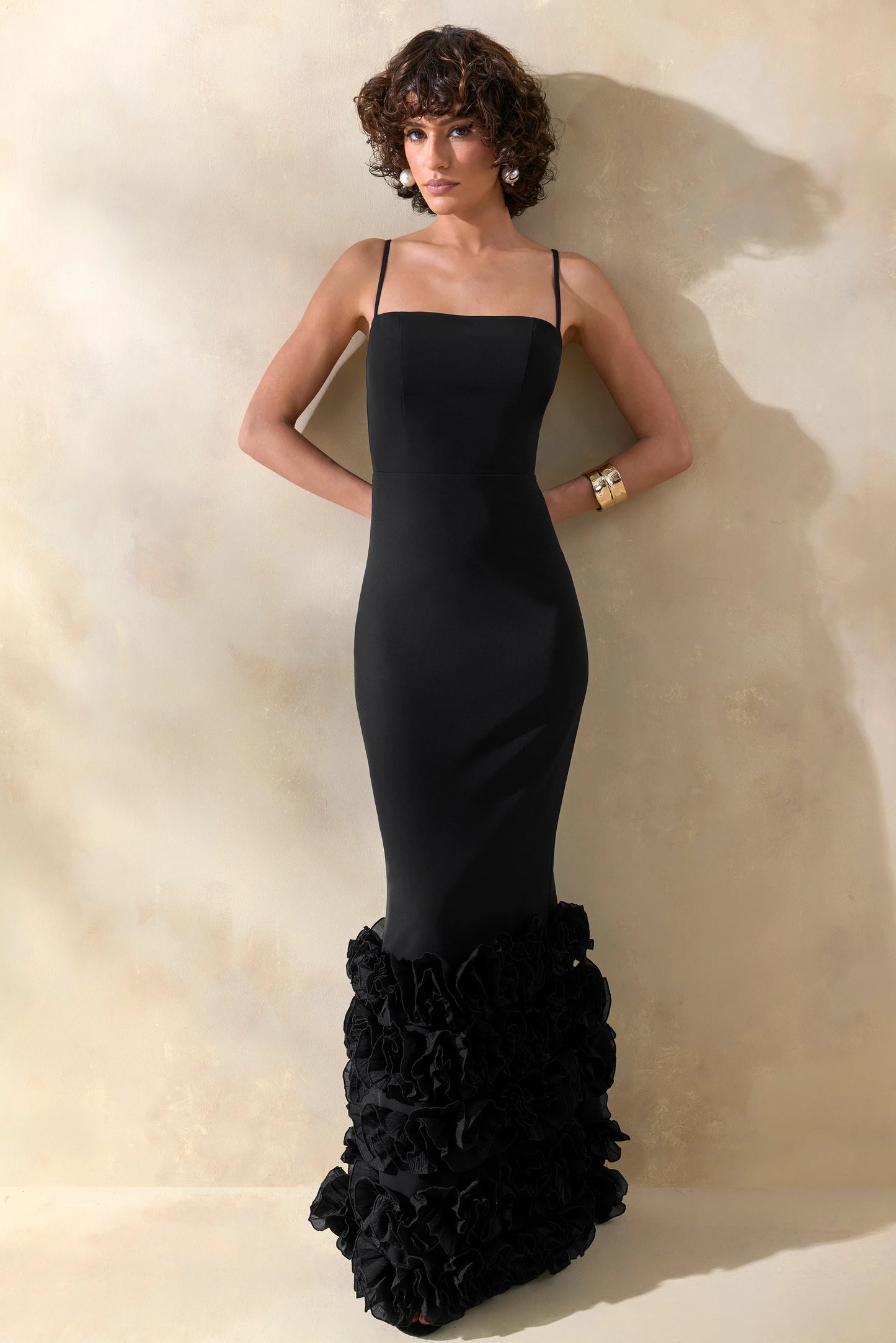 Aurose Black Square-Neck Maxi Dress With Ruffled-Fishtail