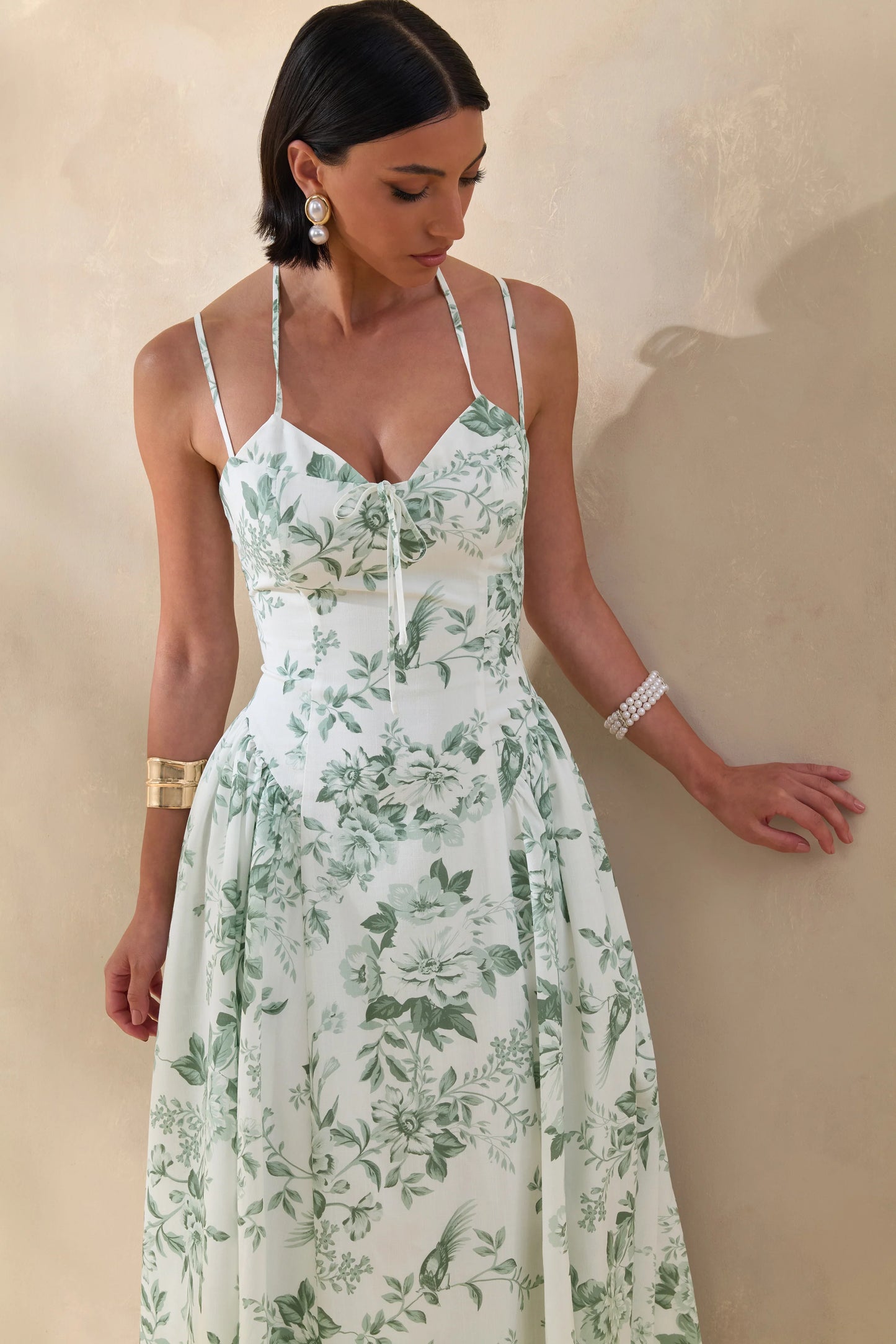 Audrey Green Floral Print Sweetheart-Neck Midi Dress With Ruching Detail