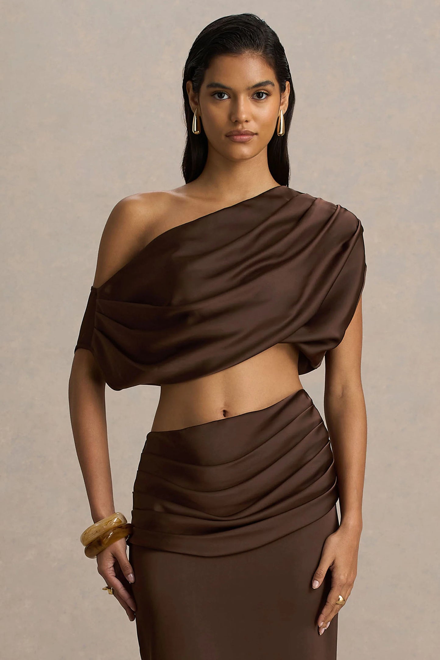Entrapment Brown Satin Boat-Neck Crop-Top With Ruched Detailing