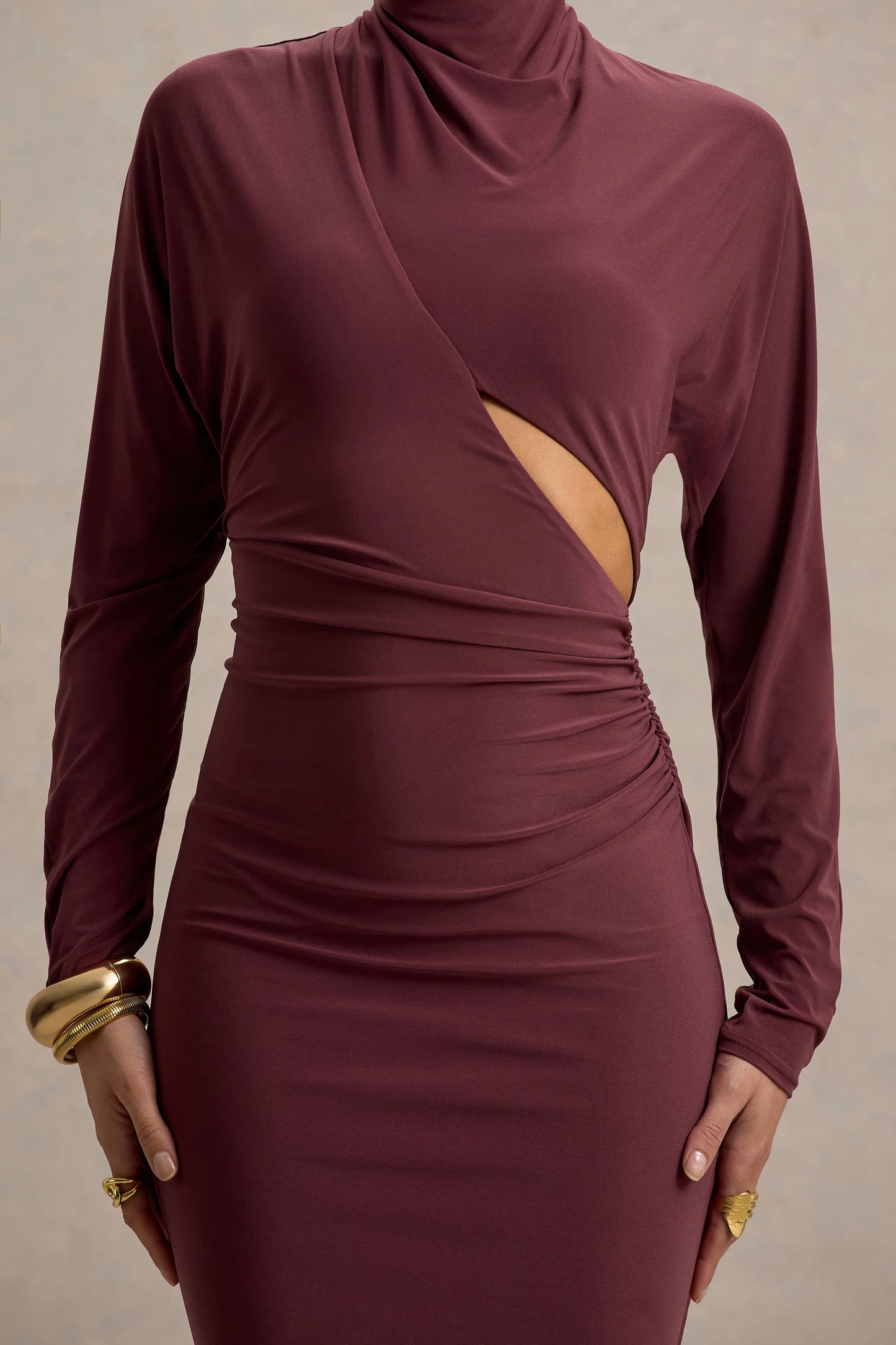 Pandora Burgundy Long-Sleeve Midi Dress With Cut-Out