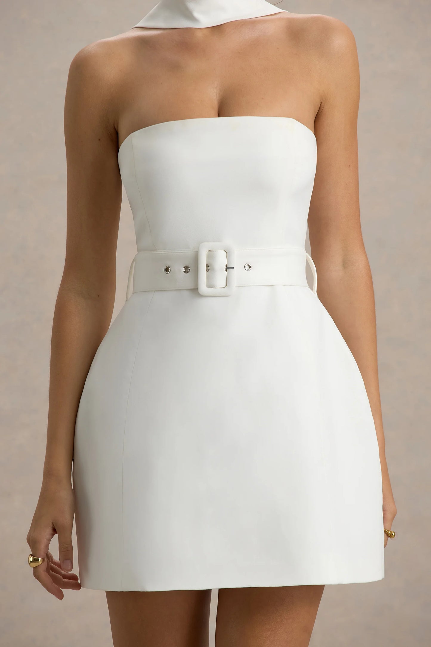 Timberly White High-Neck Tailored Micro-Mini Dress
