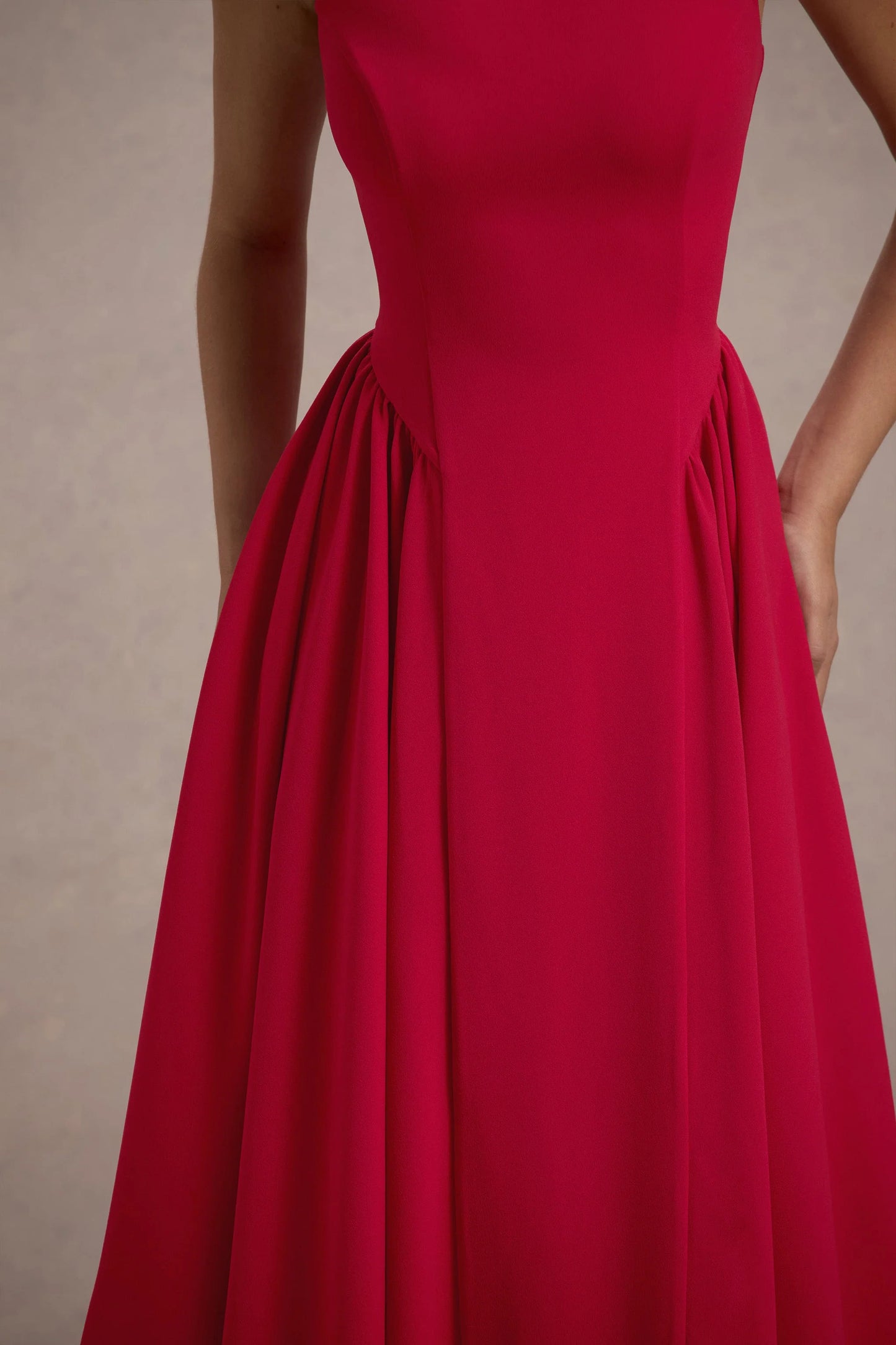 Muriel Red Boat-Neck Volume-Hem Midi Dress