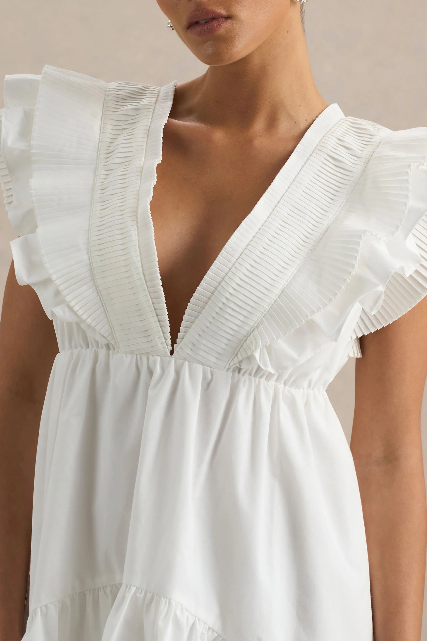 Judie White Poplin V-Neck Ruffled Mini Dress